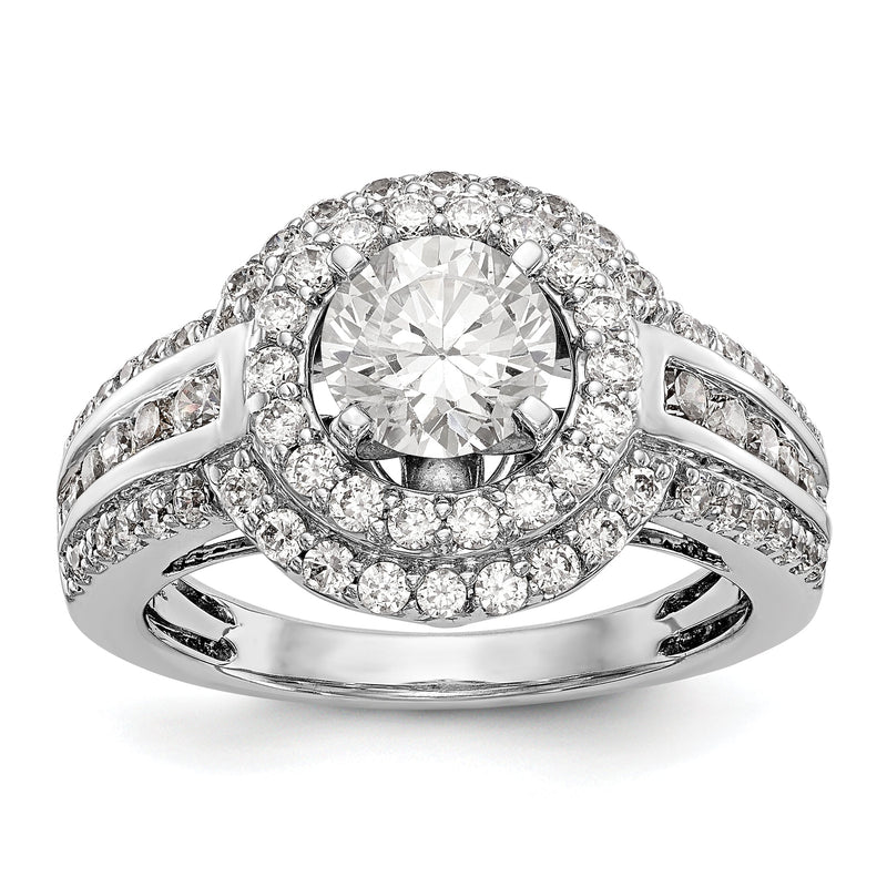 14K Weißgold Verlobungsring mit rundem simuliertem Diamanten und Doppel-Halo