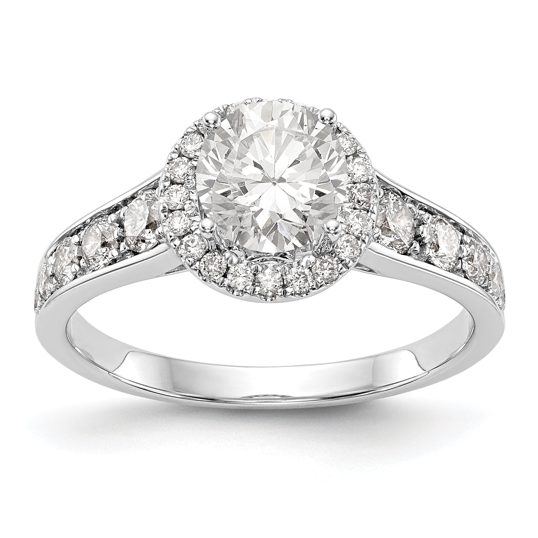 14K Weißgold Verlobungsring mit rundem simuliertem Diamanten und Halo