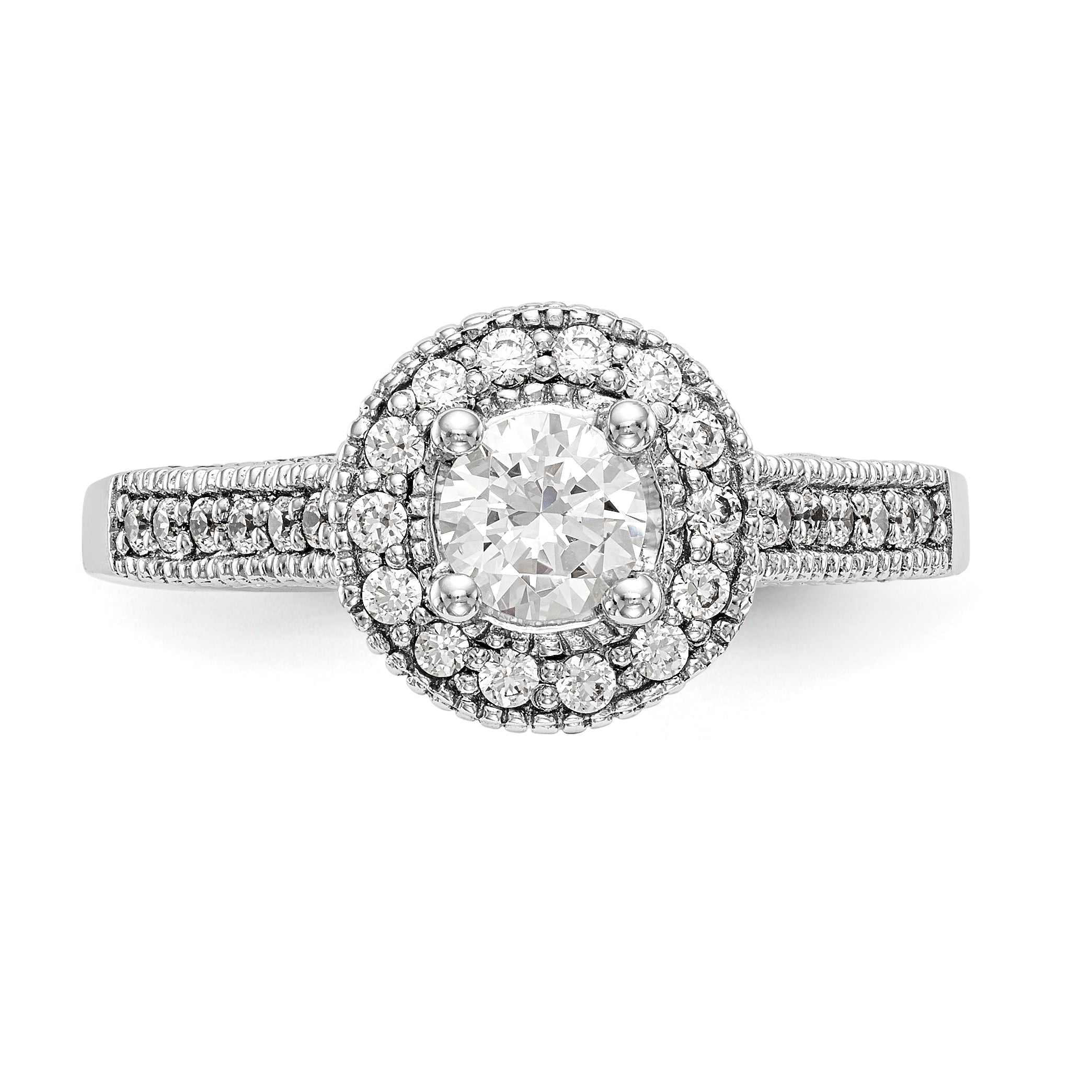 14K Weißgold Verlobungsring mit rundem simuliertem Diamanten und Halo-Fassung