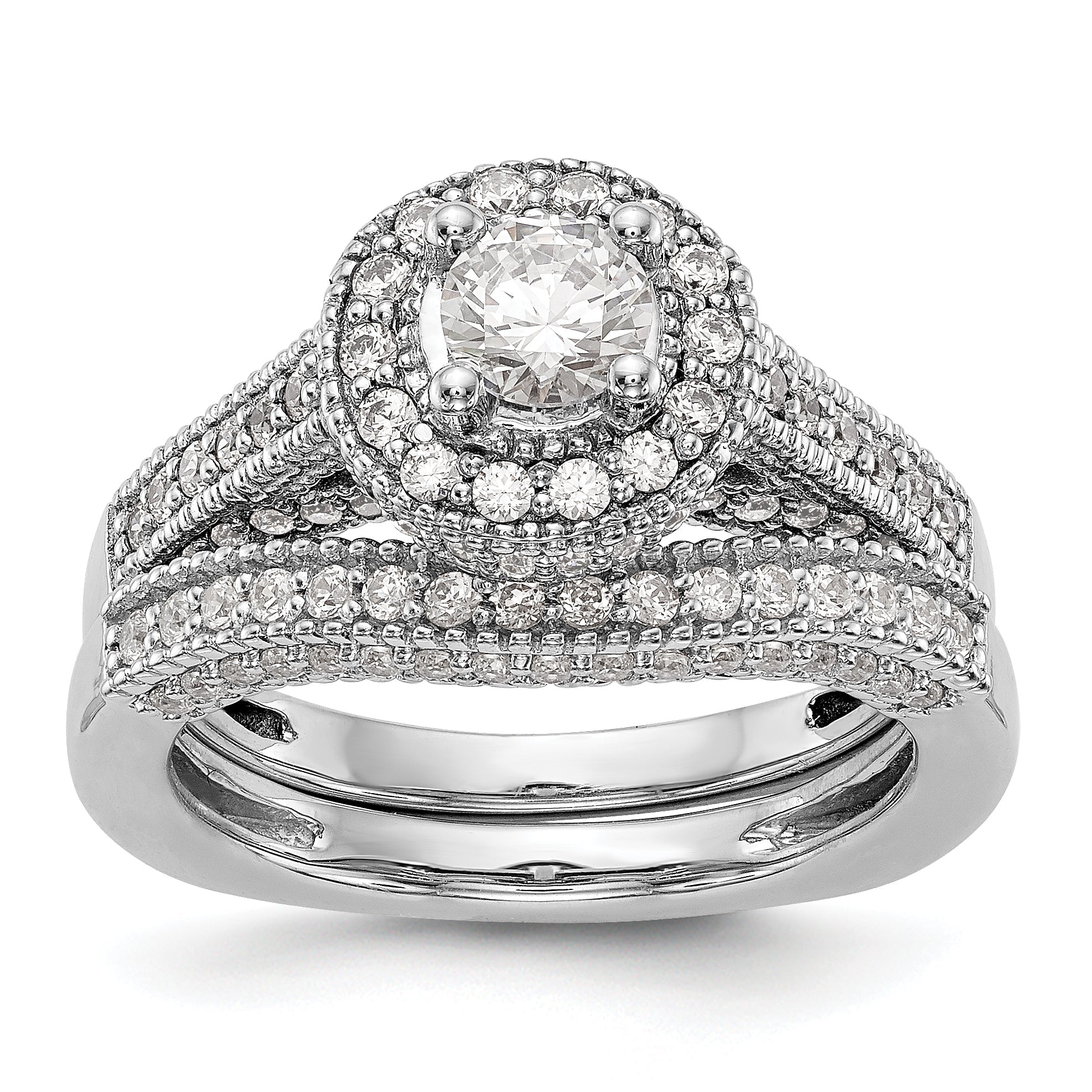 14K Weißgold Verlobungsring mit rundem simuliertem Diamanten und Halo-Fassung