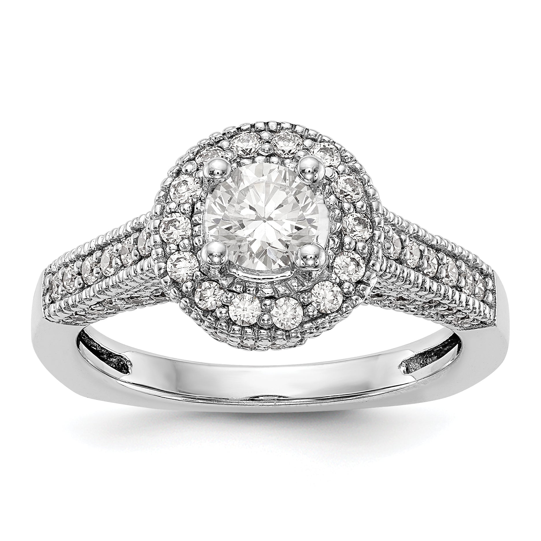 14K Weißgold Verlobungsring mit rundem simuliertem Diamanten und Halo-Fassung