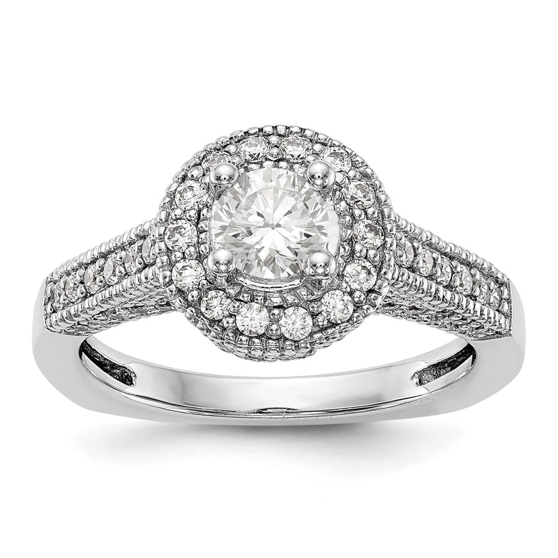 14K Weißgold Verlobungsring mit rundem simuliertem Diamanten und Halo-Fassung