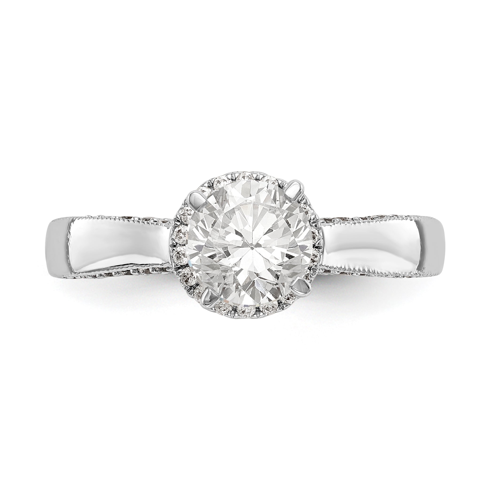 14K Weißgold Verlobungsring mit rundem simuliertem Diamanten und Halo