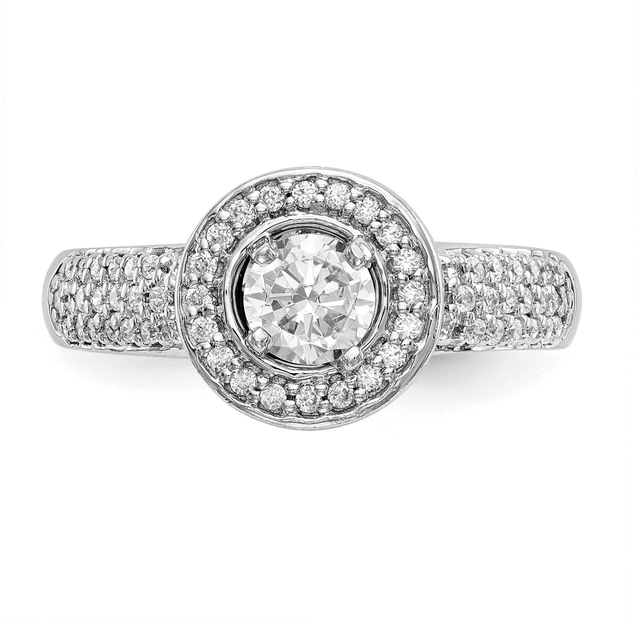 14K Weißgold Verlobungsring mit rundem simulierten Diamanten und Halo