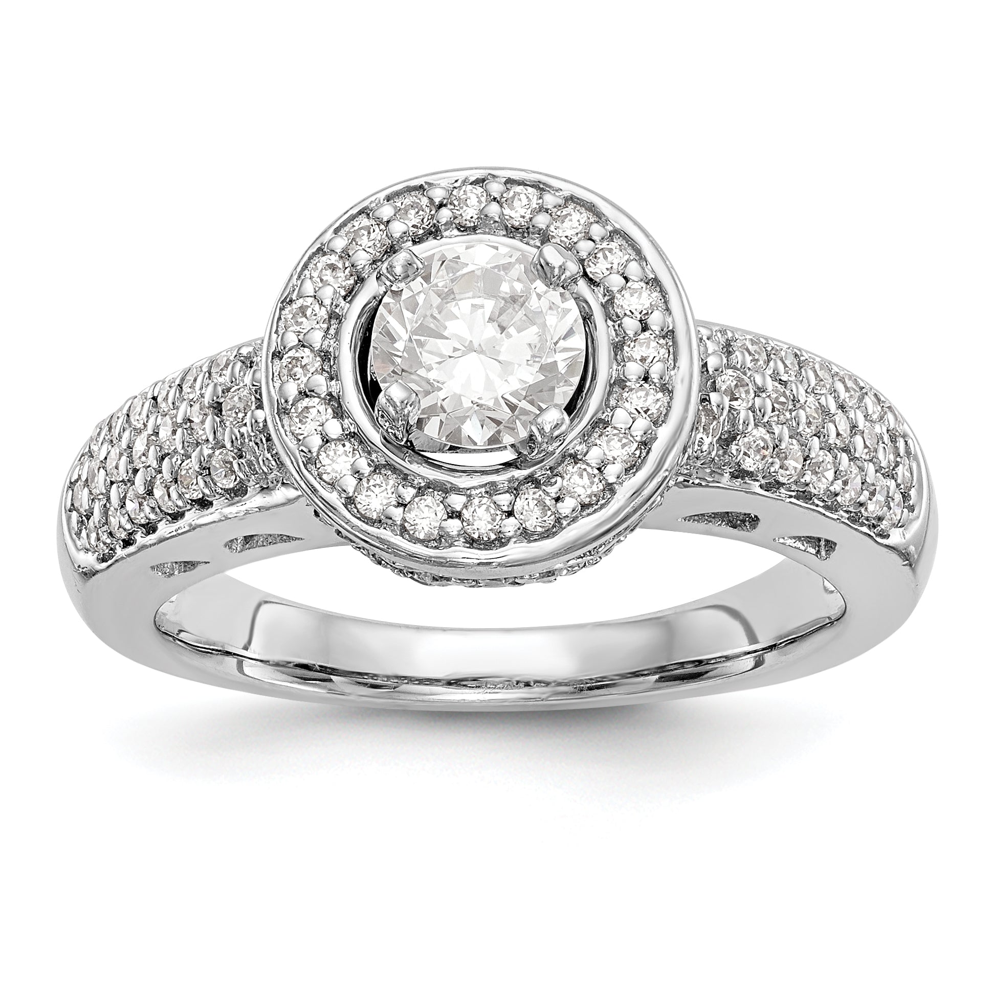 14K Weißgold Verlobungsring mit rundem simulierten Diamanten und Halo