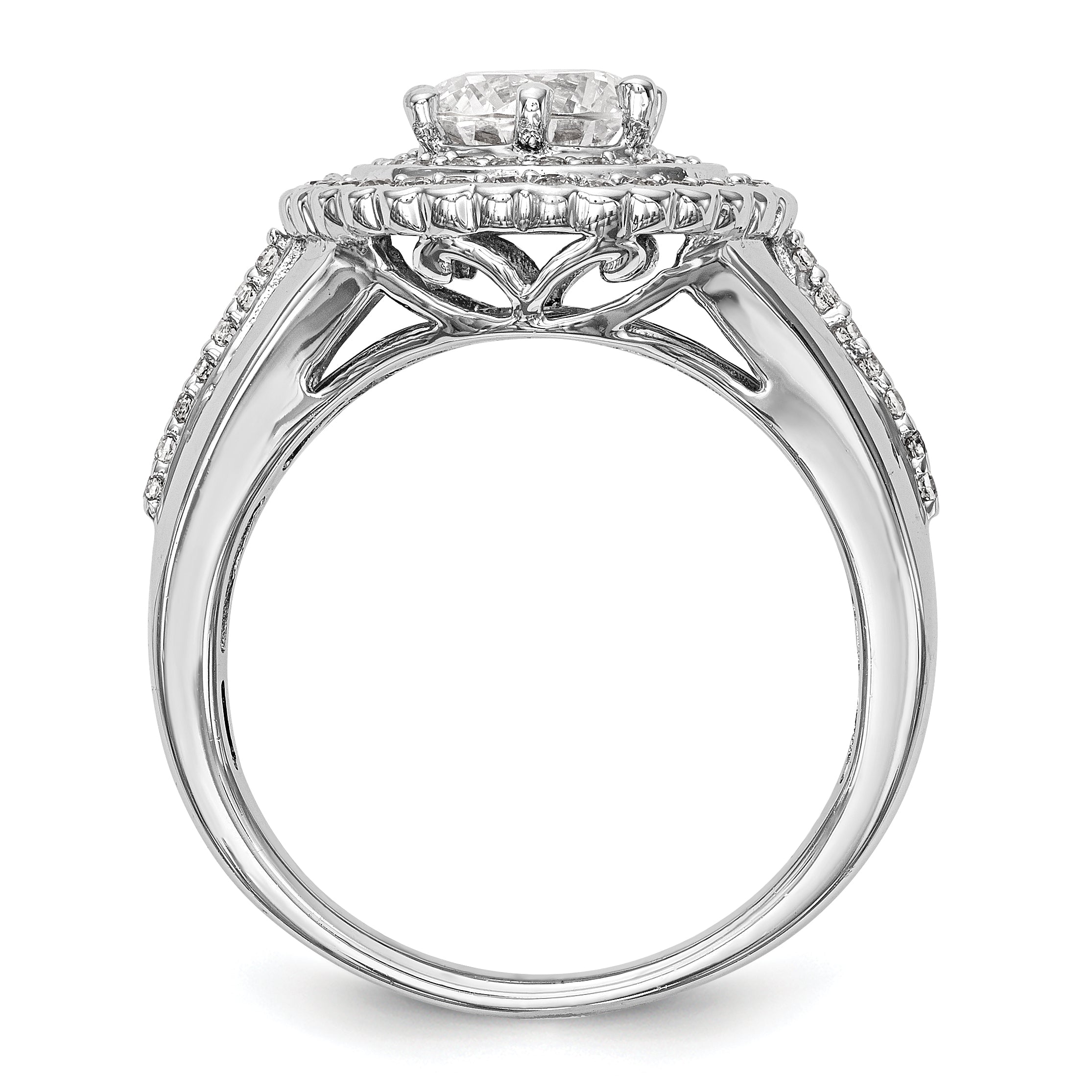 14 Karat Weißgold Verlobungsring mit rundem simuliertem Diamanten und Double-Halo-Fassung