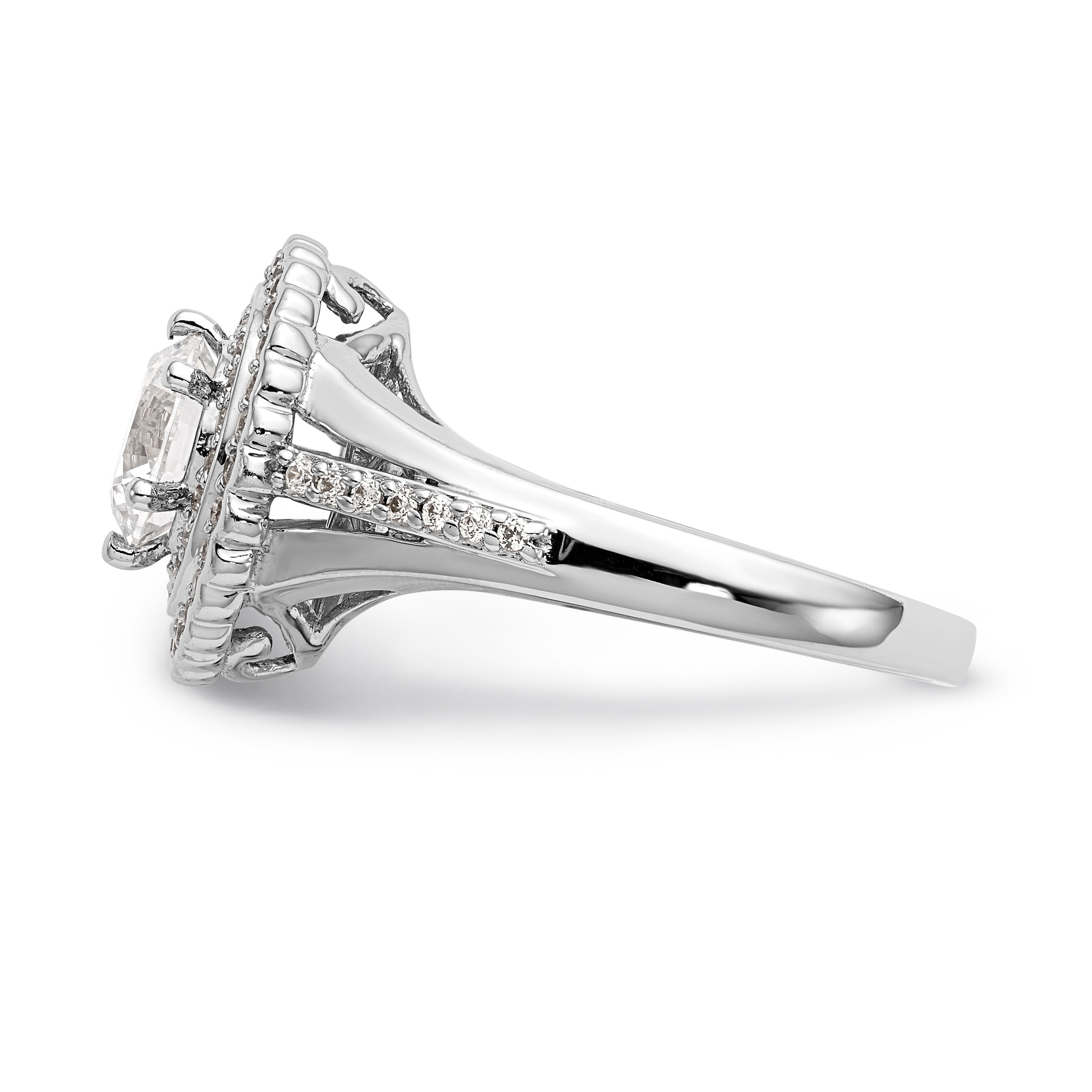 14 Karat Weißgold Verlobungsring mit rundem simuliertem Diamanten und Double-Halo-Fassung