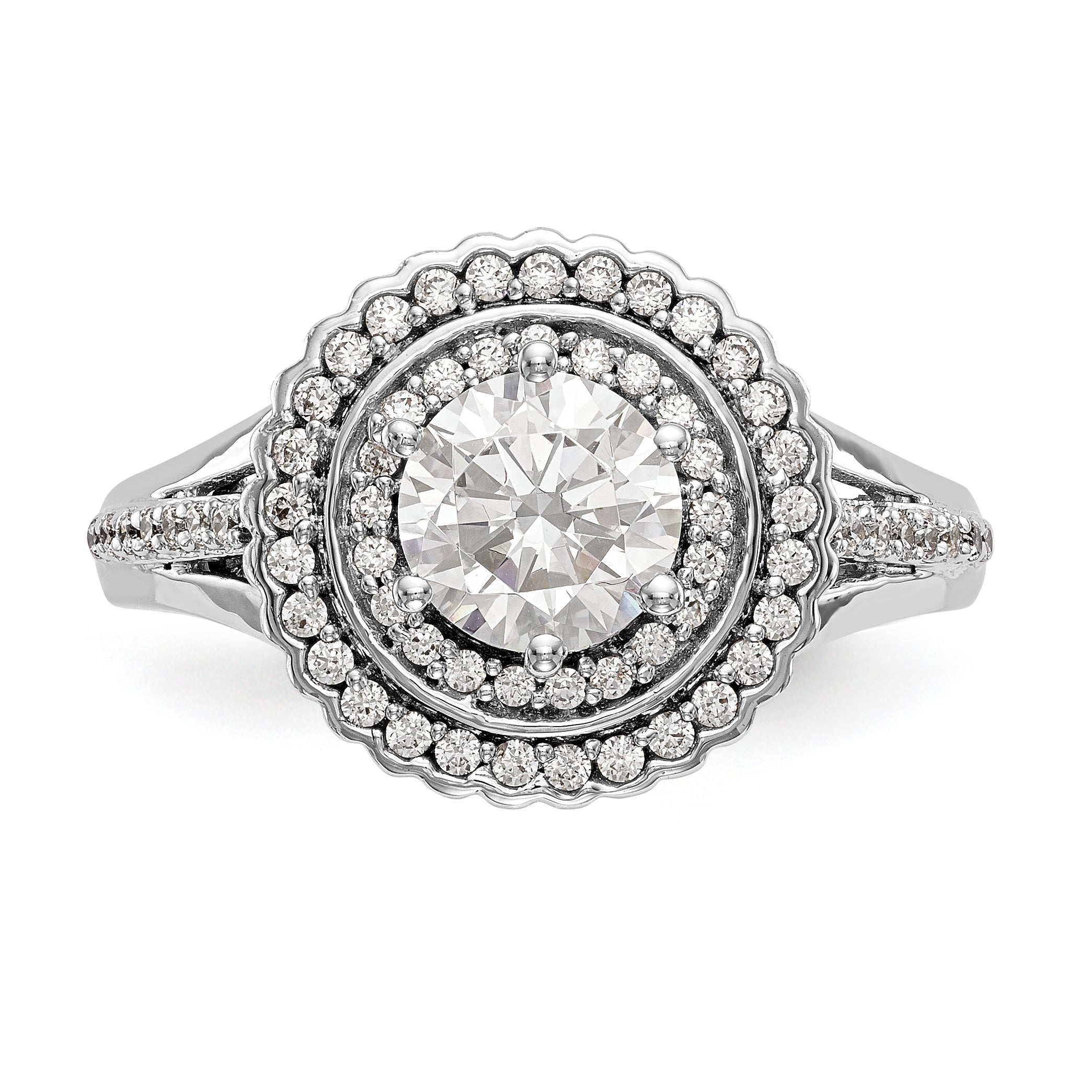 14 Karat Weißgold Verlobungsring mit rundem simuliertem Diamanten und Double-Halo-Fassung