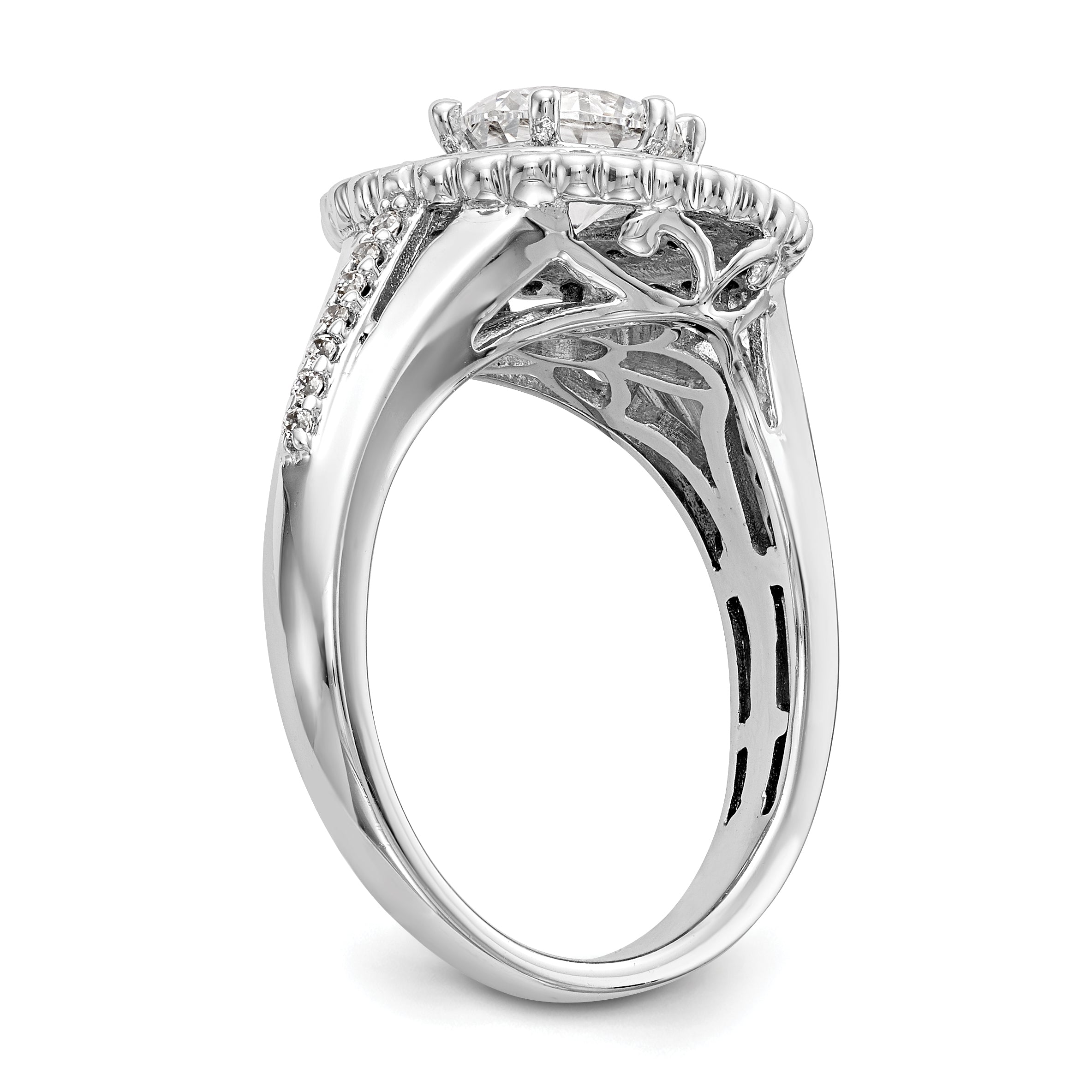 14 Karat Weißgold Verlobungsring mit rundem simuliertem Diamanten und Double-Halo-Fassung