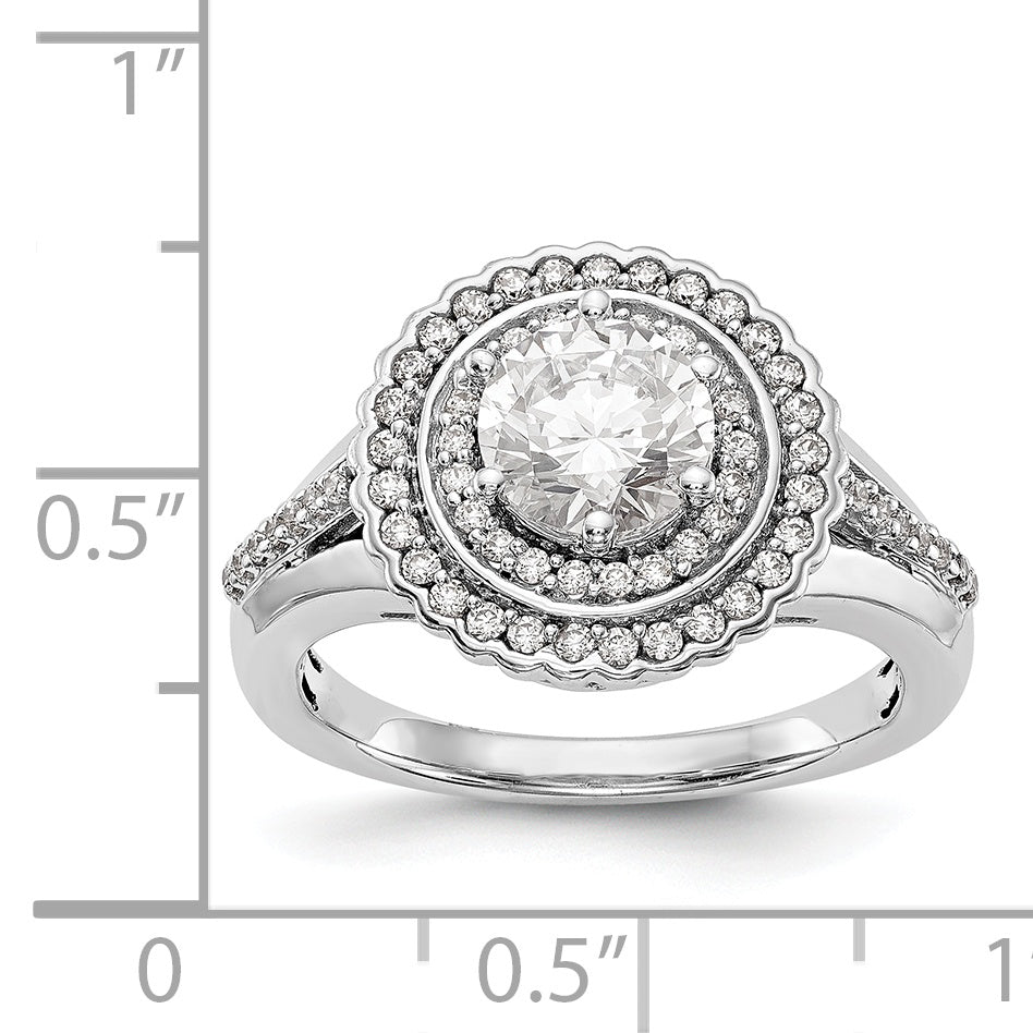 14 Karat Weißgold Verlobungsring mit rundem simuliertem Diamanten und Double-Halo-Fassung