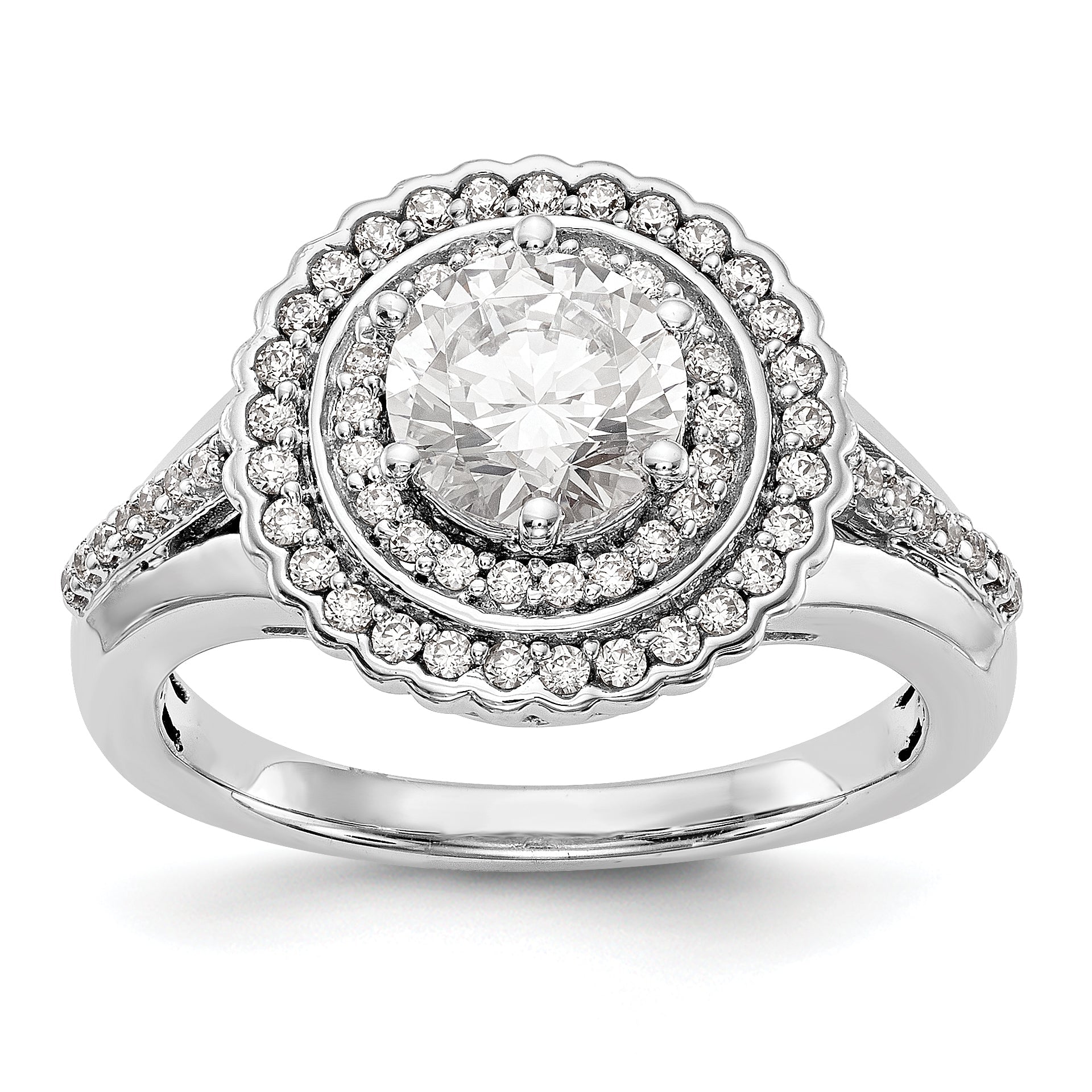 14 Karat Weißgold Verlobungsring mit rundem simuliertem Diamanten und Double-Halo-Fassung