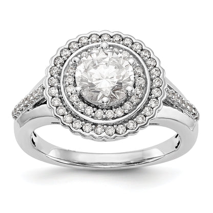 14 Karat Weißgold Verlobungsring mit rundem simuliertem Diamanten und Double-Halo-Fassung
