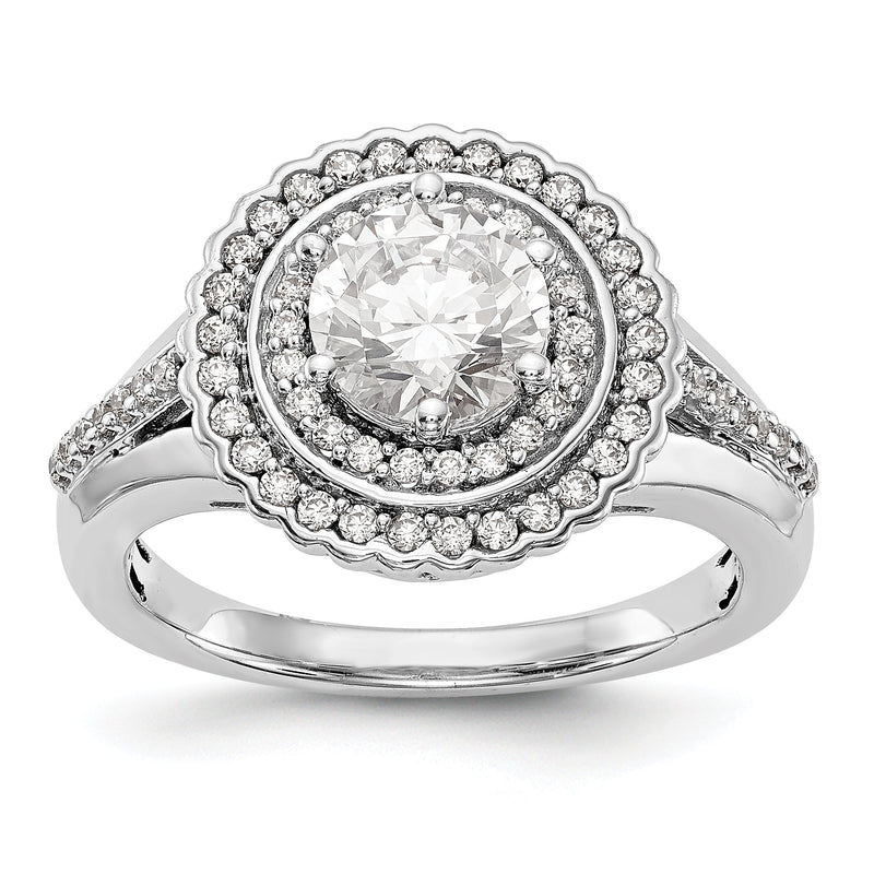 14 Karat Weißgold Verlobungsring mit rundem simuliertem Diamanten und Double-Halo-Fassung