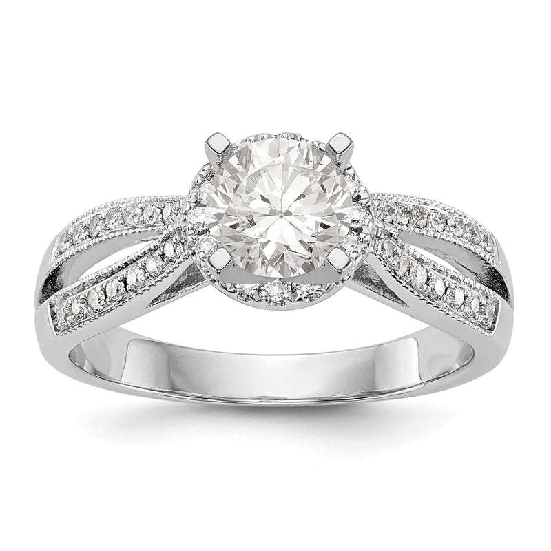 14K Weißgold Ring mit Peg-Fassung, rundem Halo und simuliertem Diamant