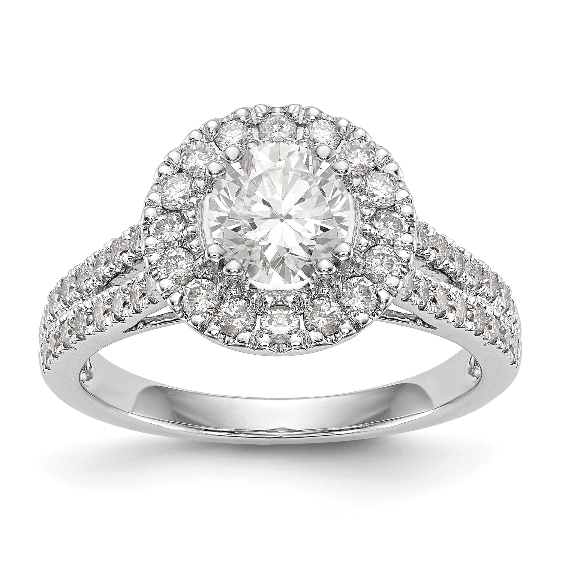 14K Weißgold Verlobungsring mit rundem simuliertem Diamanten und Halo