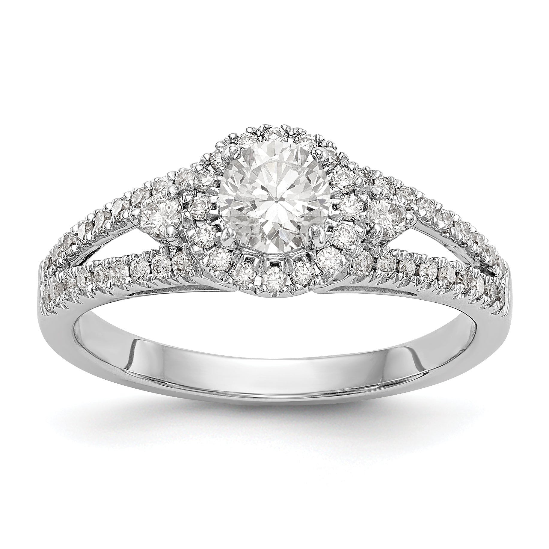 14K Weißgold Verlobungsring mit rundem simuliertem Diamanten und Halo