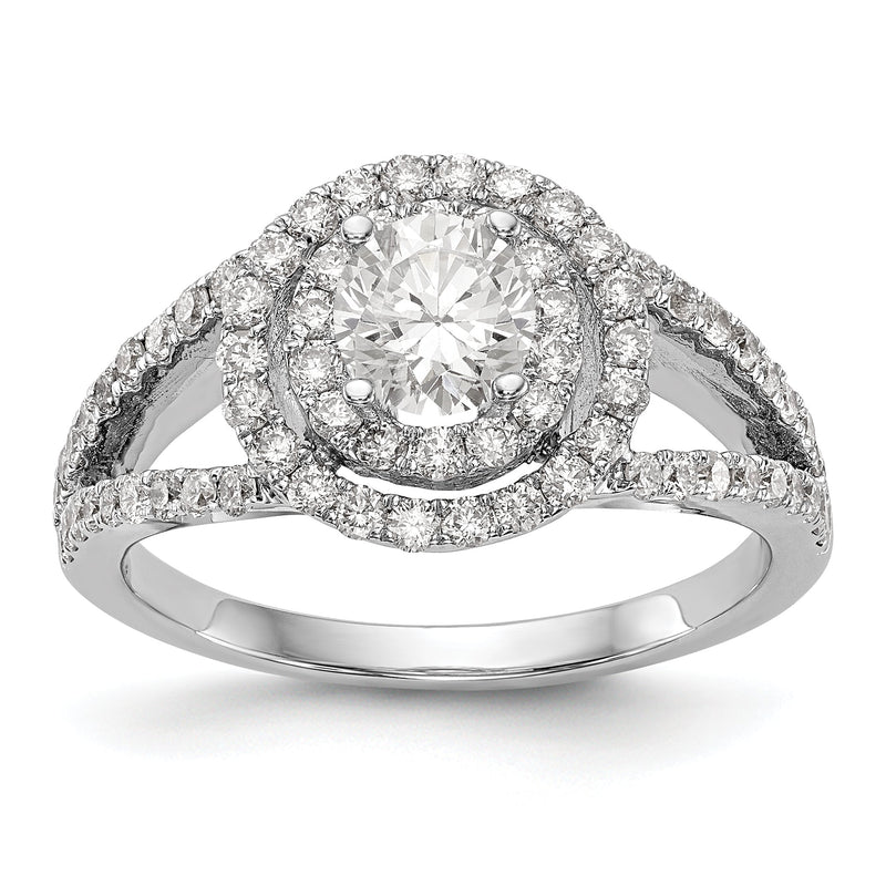 14K Weißgold Verlobungsring mit rundem simuliertem Diamanten und doppeltem Halo