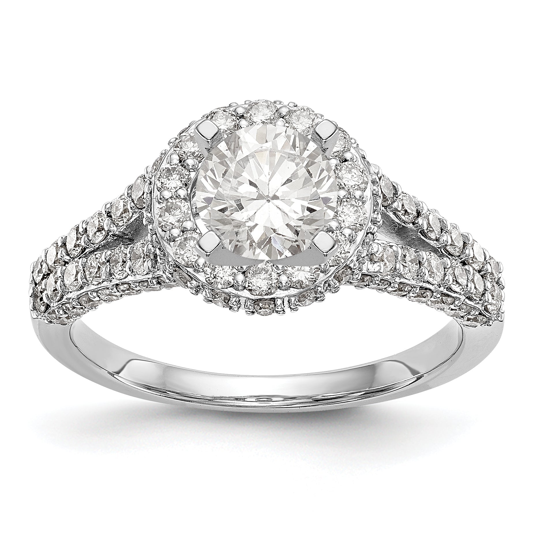 Verlobungsring aus 14K Weißgold mit Halo, rundem simuliertem Diamant und Krappenfassung
