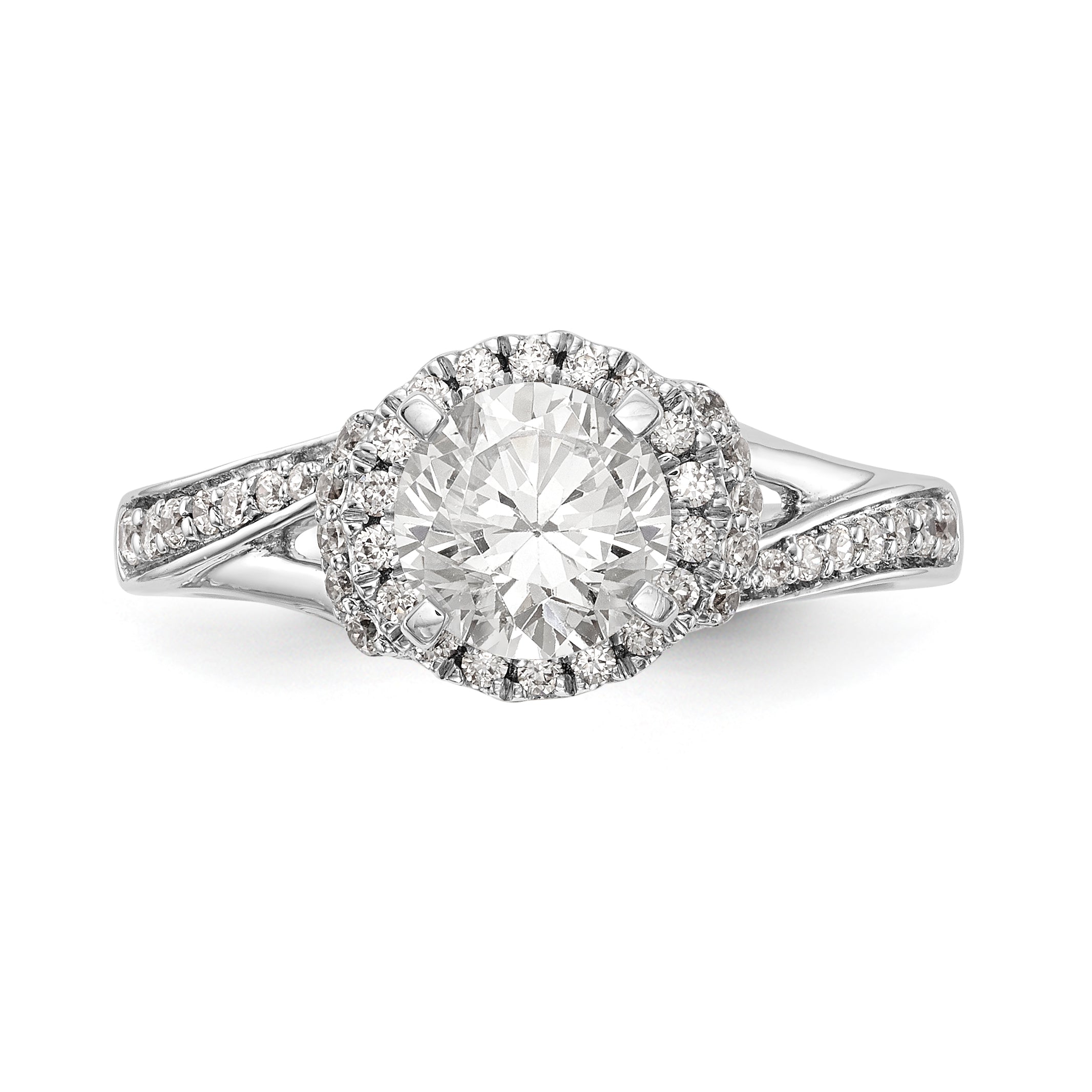14K Weißgold Verlobungsring mit rundem simuliertem Diamanten und Halo