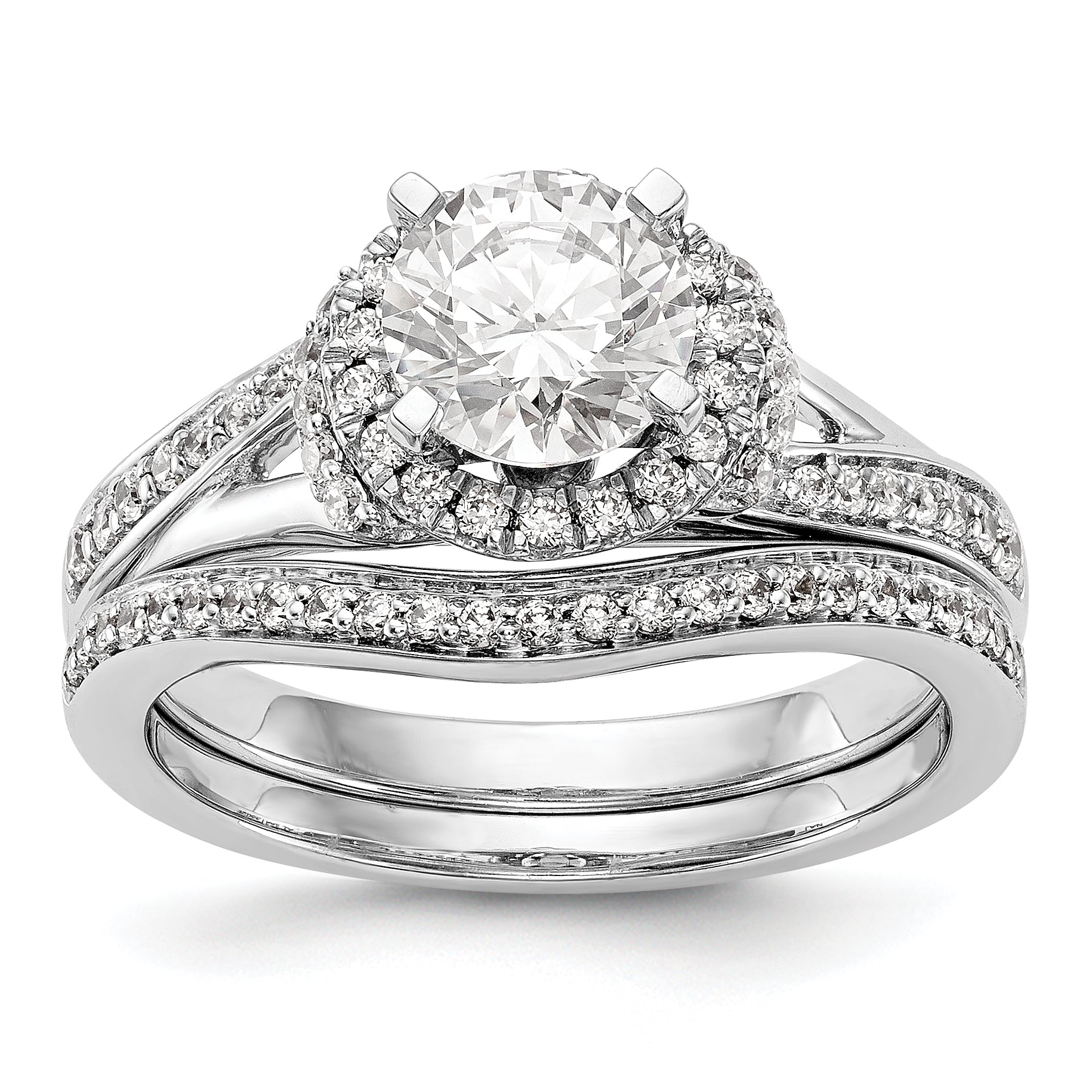 14K Weißgold Verlobungsring mit rundem simuliertem Diamanten und Halo
