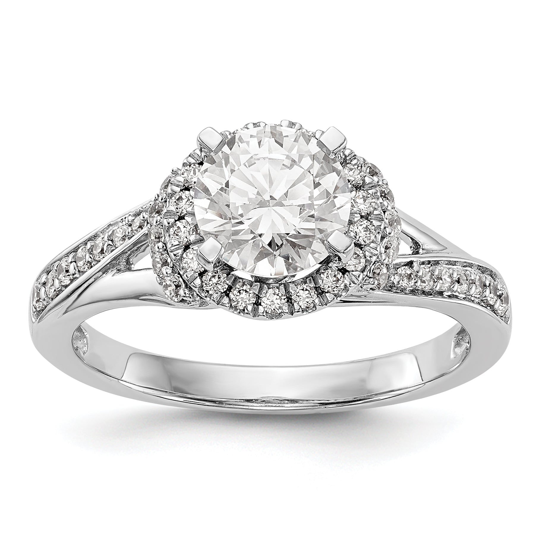 14K Weißgold Verlobungsring mit rundem simuliertem Diamanten und Halo