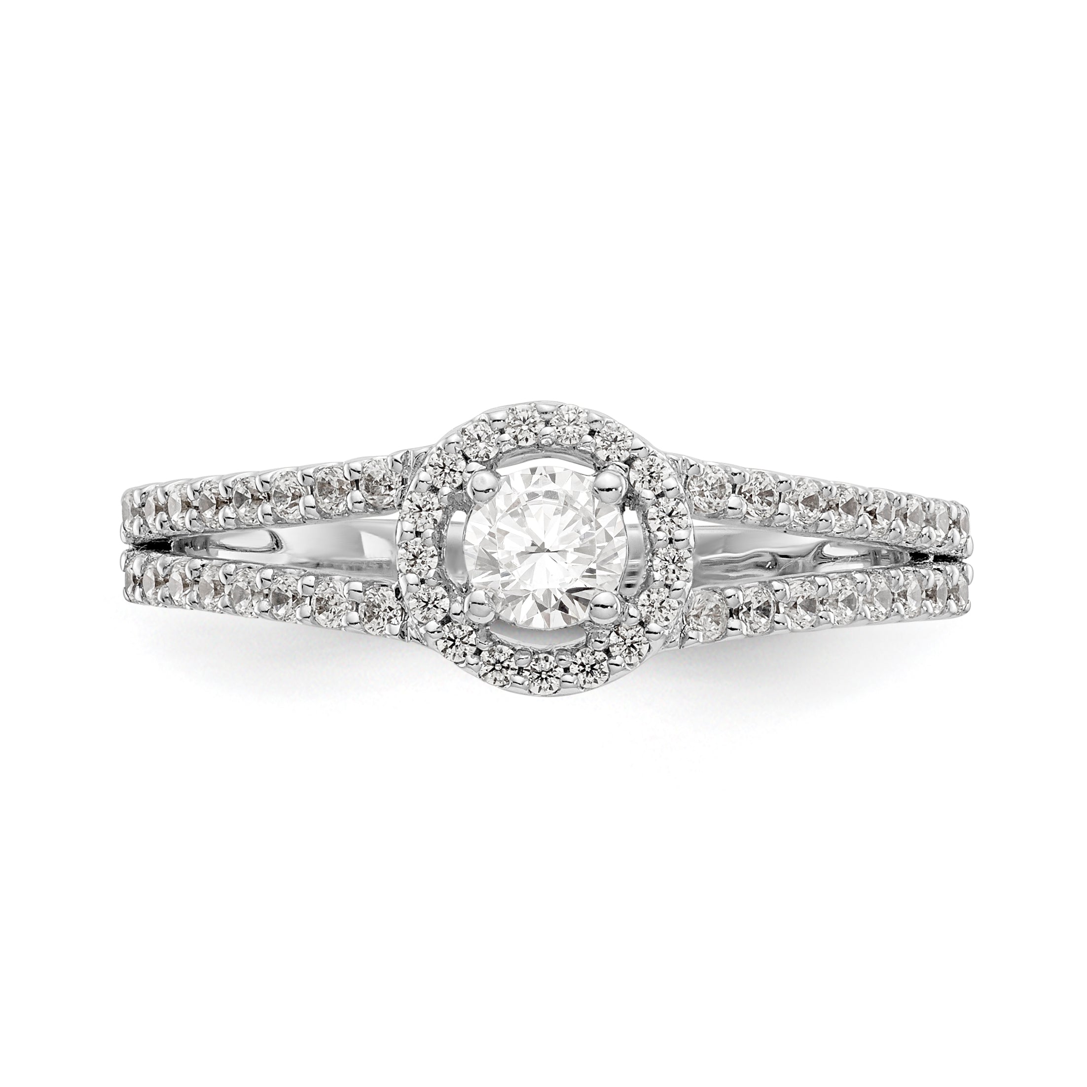 14K Weißgold Verlobungsring mit rundem simulierten Diamant und Halo