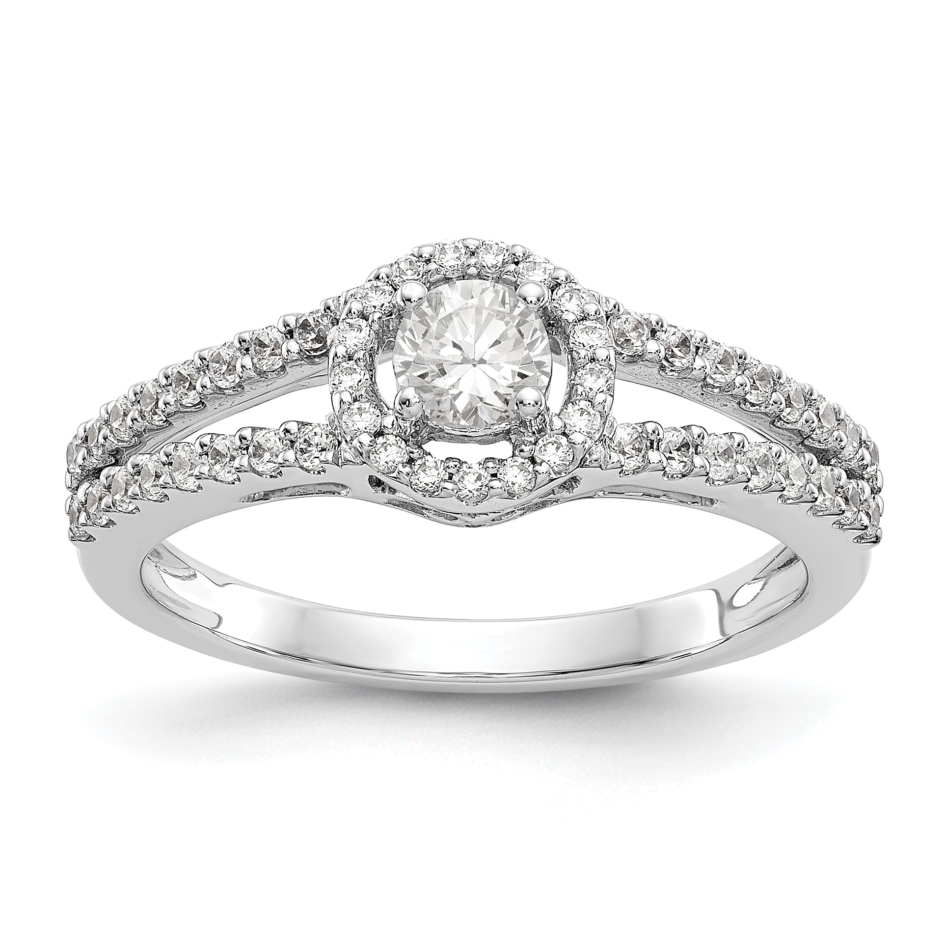 14K Weißgold Verlobungsring mit rundem simulierten Diamant und Halo