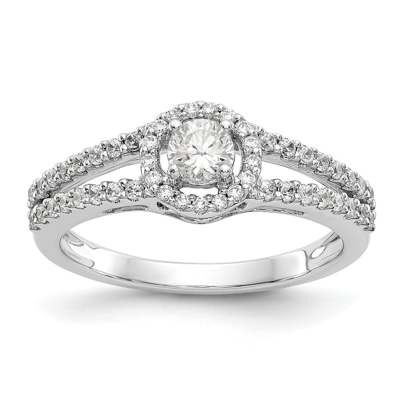 14K Weißgold Verlobungsring mit rundem simulierten Diamant und Halo