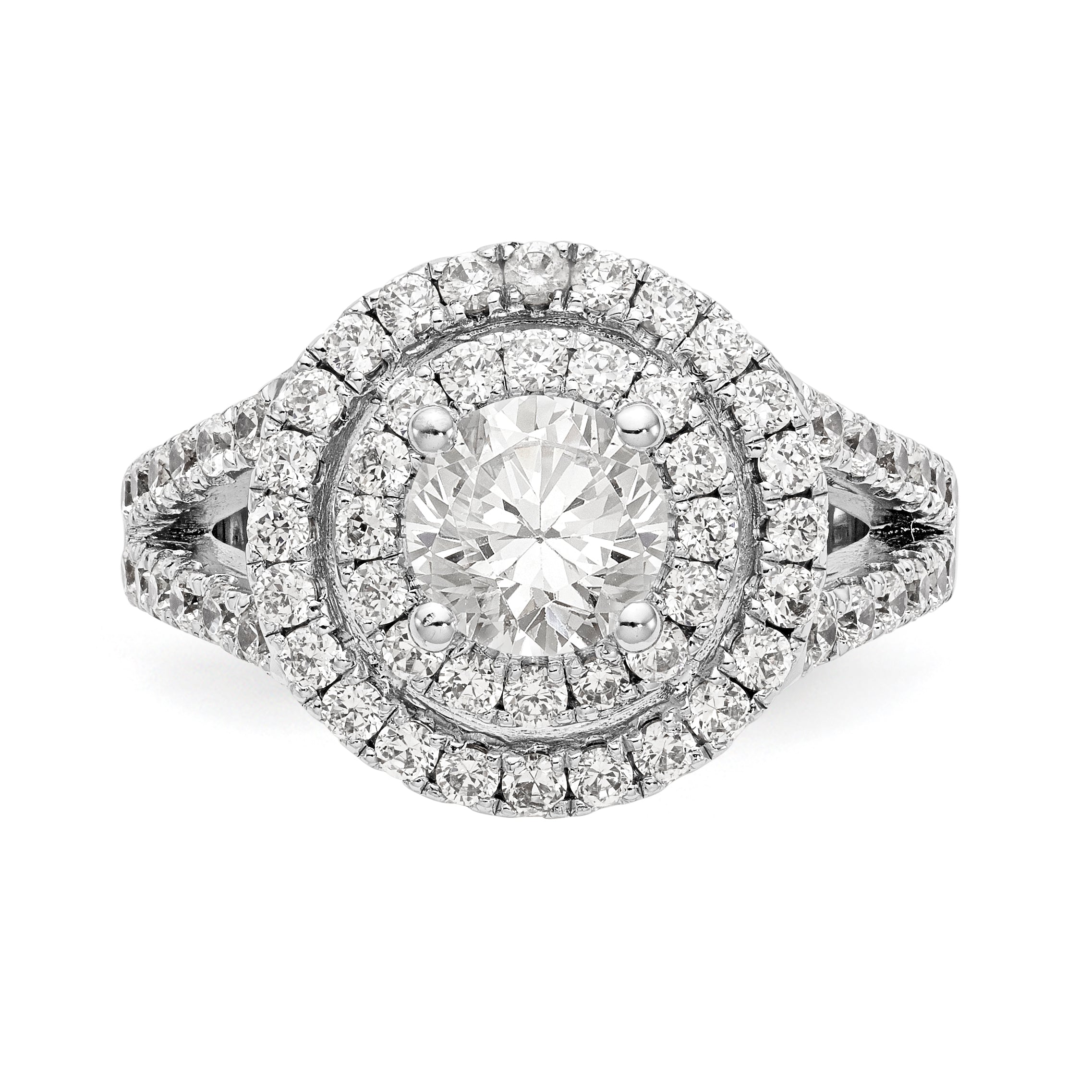 14K Weißgold Verlobungsring mit rundem simuliertem Diamanten und doppeltem Halo