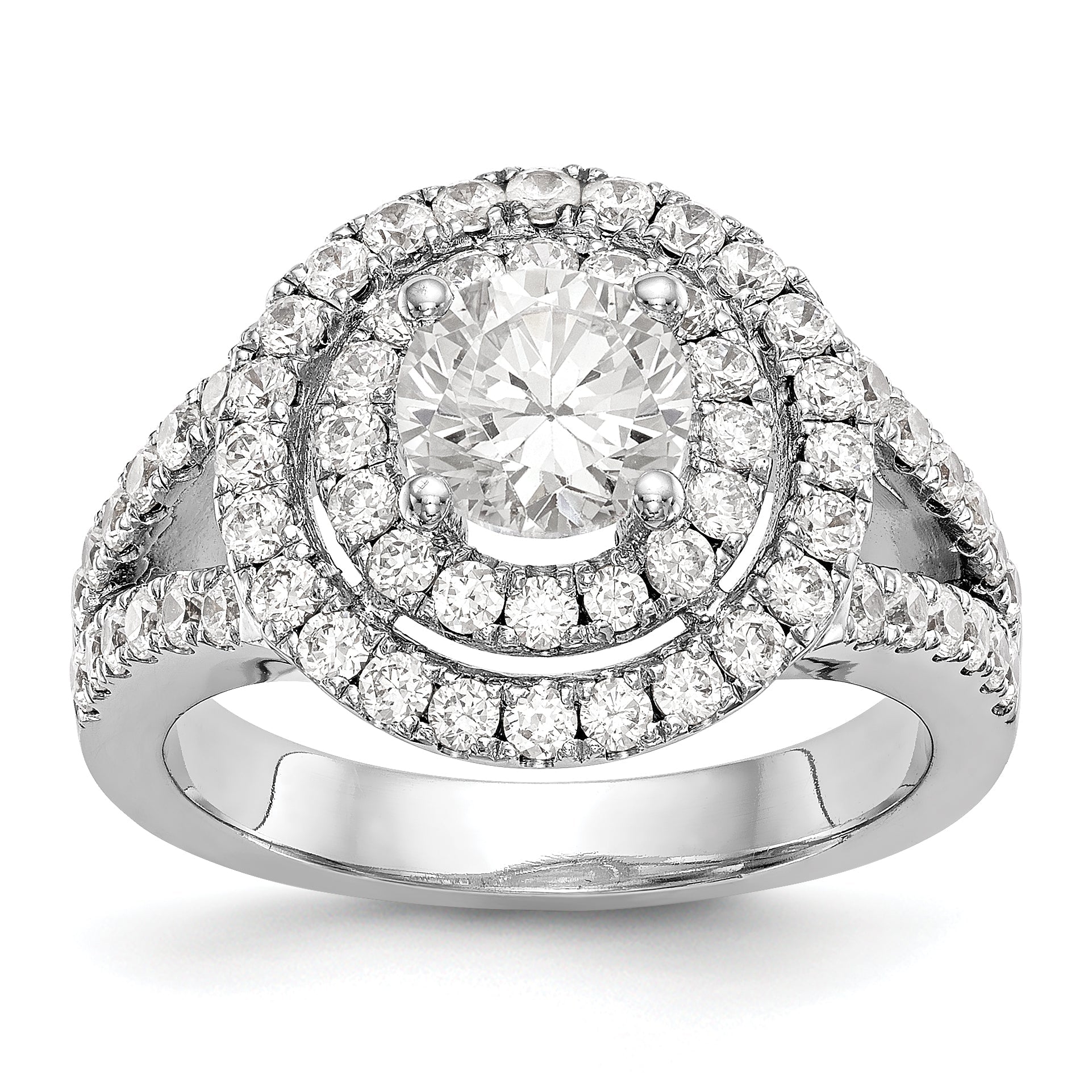 14KW Verlobungsring mit rundem simuliertem Diamanten und doppeltem Halo