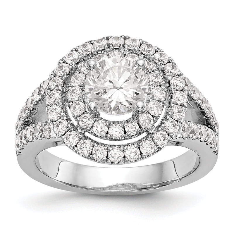 14KW Verlobungsring mit rundem simuliertem Diamanten und doppeltem Halo