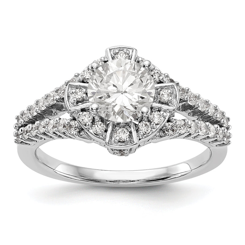 14K Weißgold Verlobungsring mit rundem simuliertem Diamant und Halo