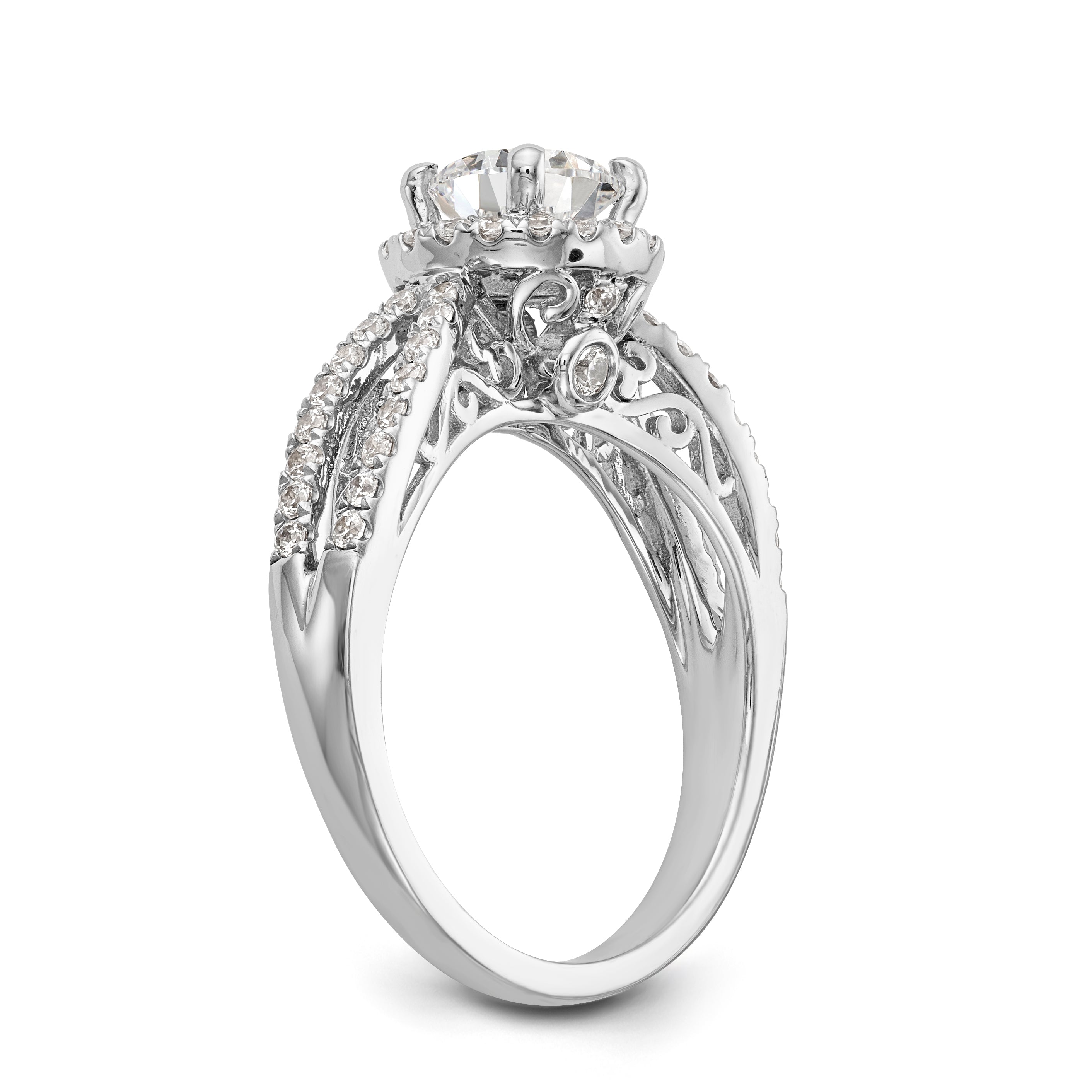 Verlobungsring aus 14K Weißgold mit rundem simuliertem Diamanten und Halo-Fassung