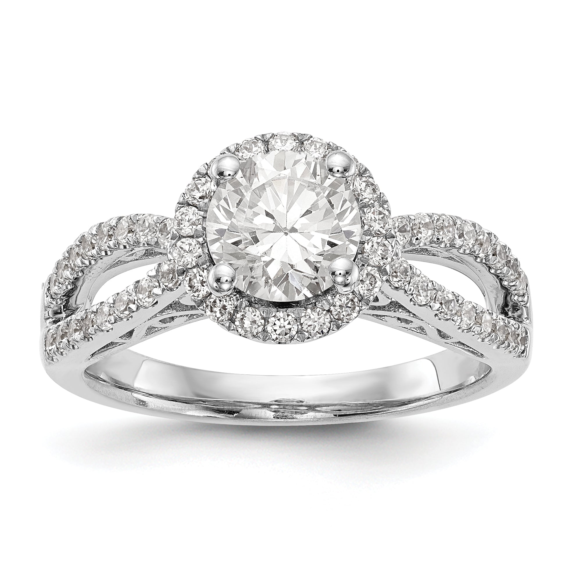 14K Weißgold Verlobungsring mit rundem simuliertem Diamanten und Halo
