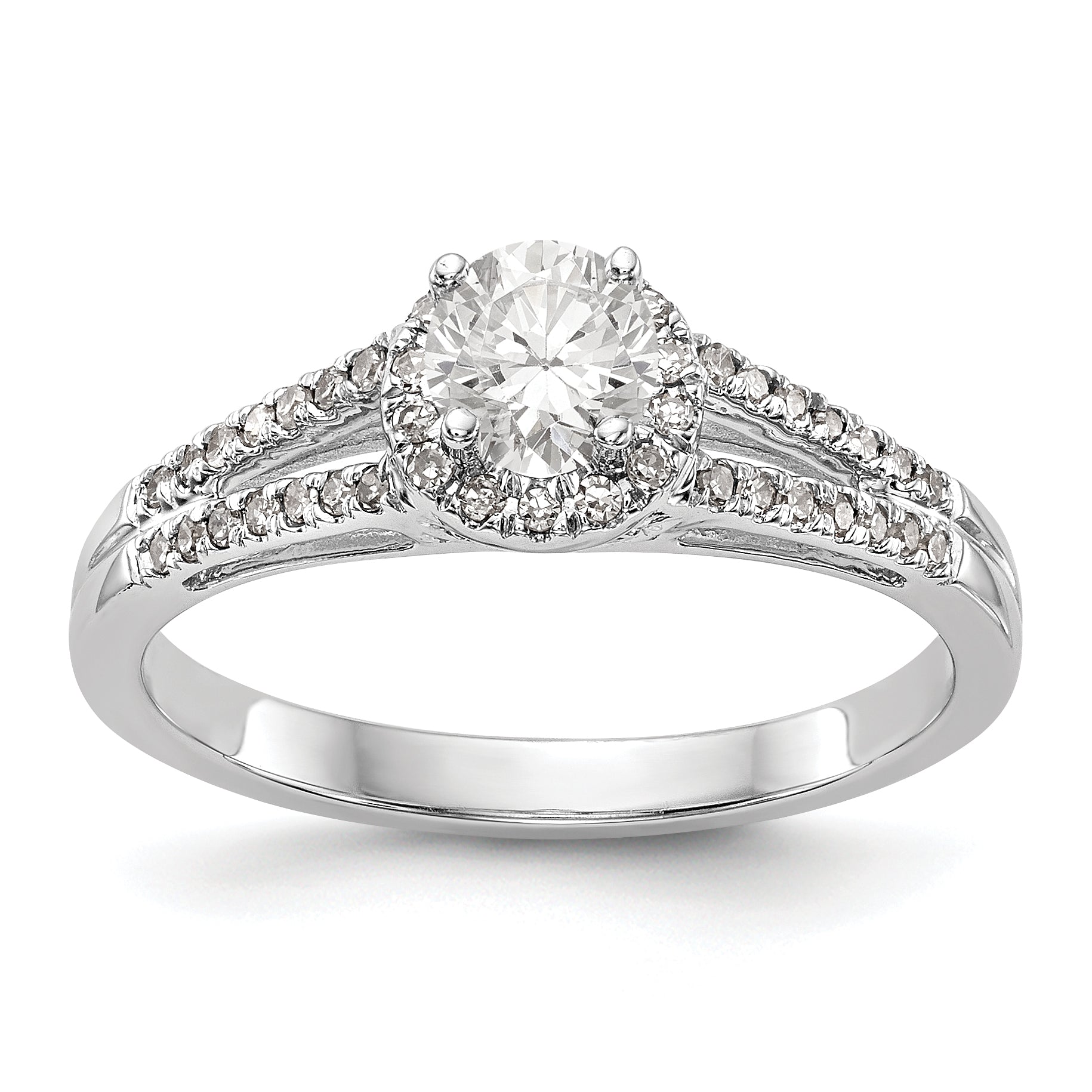 14K Weißgold Verlobungsring mit rundem simuliertem Diamanten und Halo