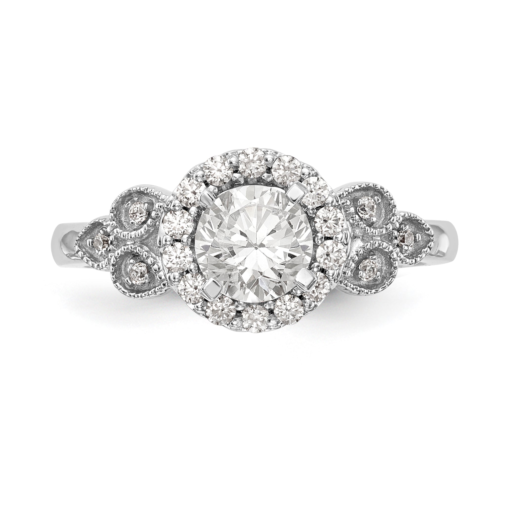 14K Weißgold Verlobungsring mit rundem simuliertem Diamanten und Halo