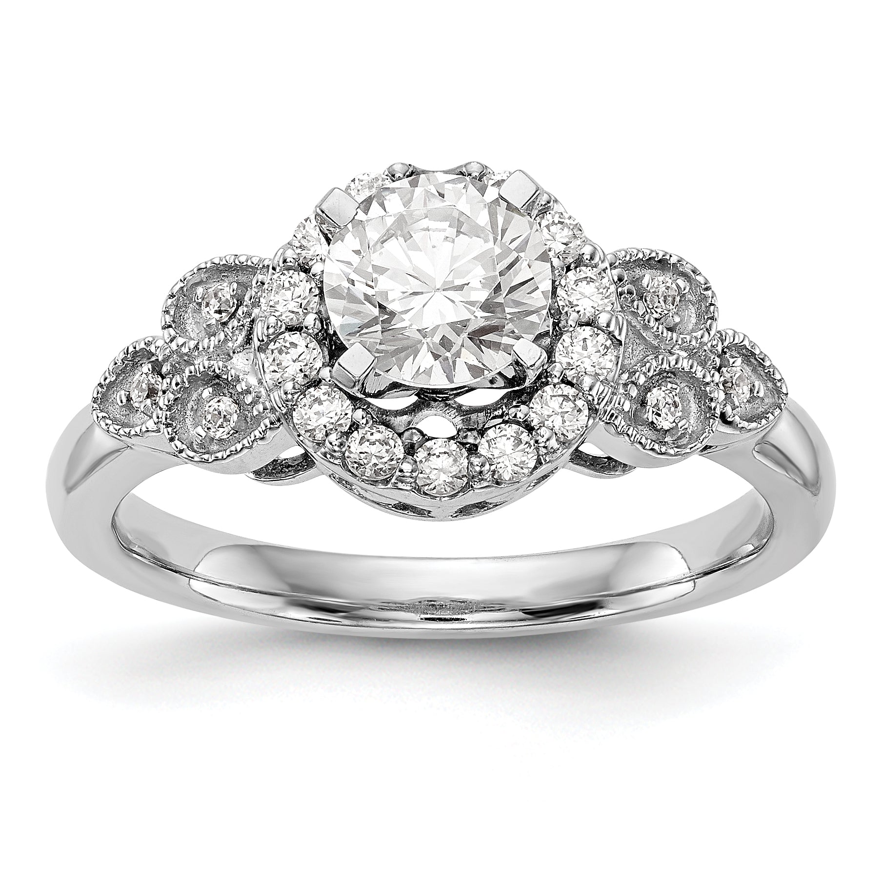 14K Weißgold Verlobungsring mit rundem simuliertem Diamanten und Halo