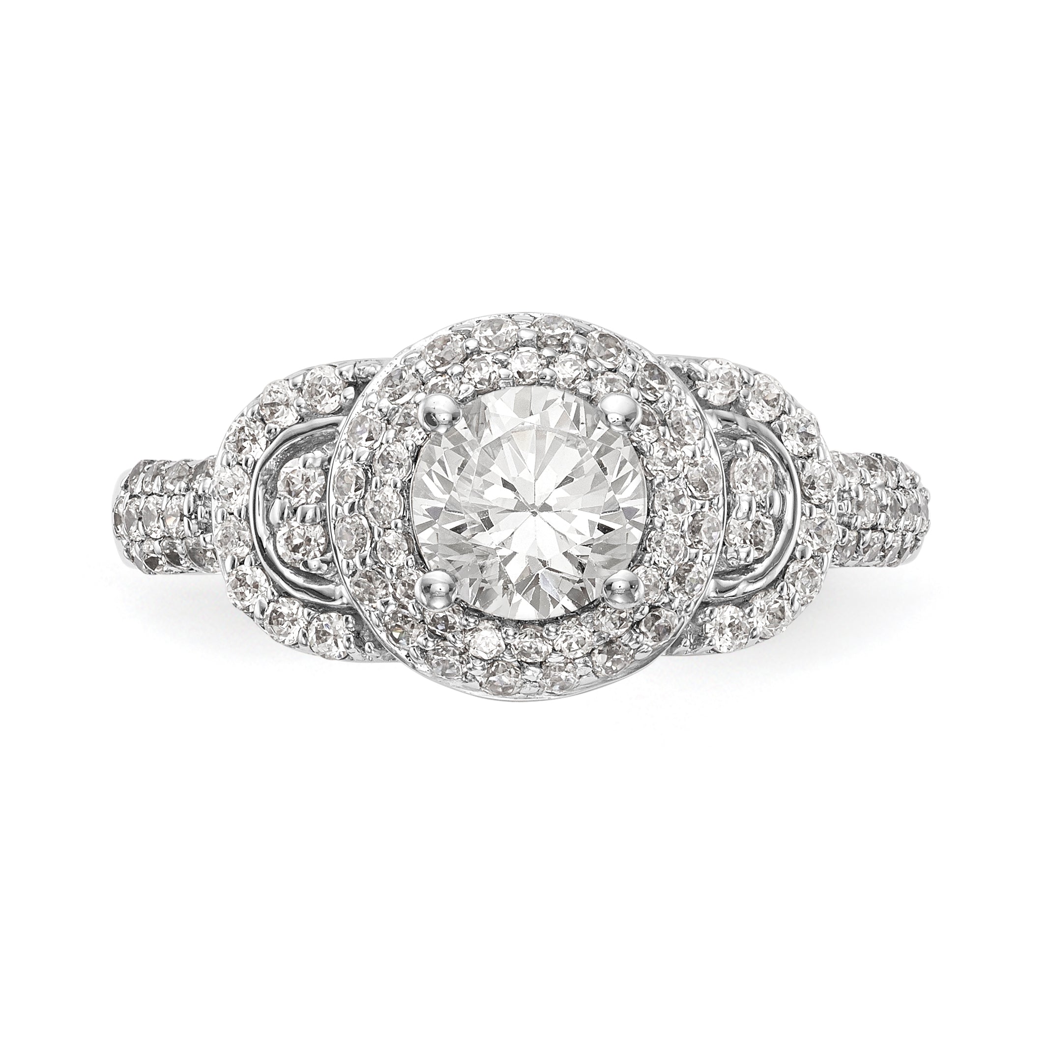 14K Weißgold Verlobungsring mit rundem simuliertem Diamanten und Halo