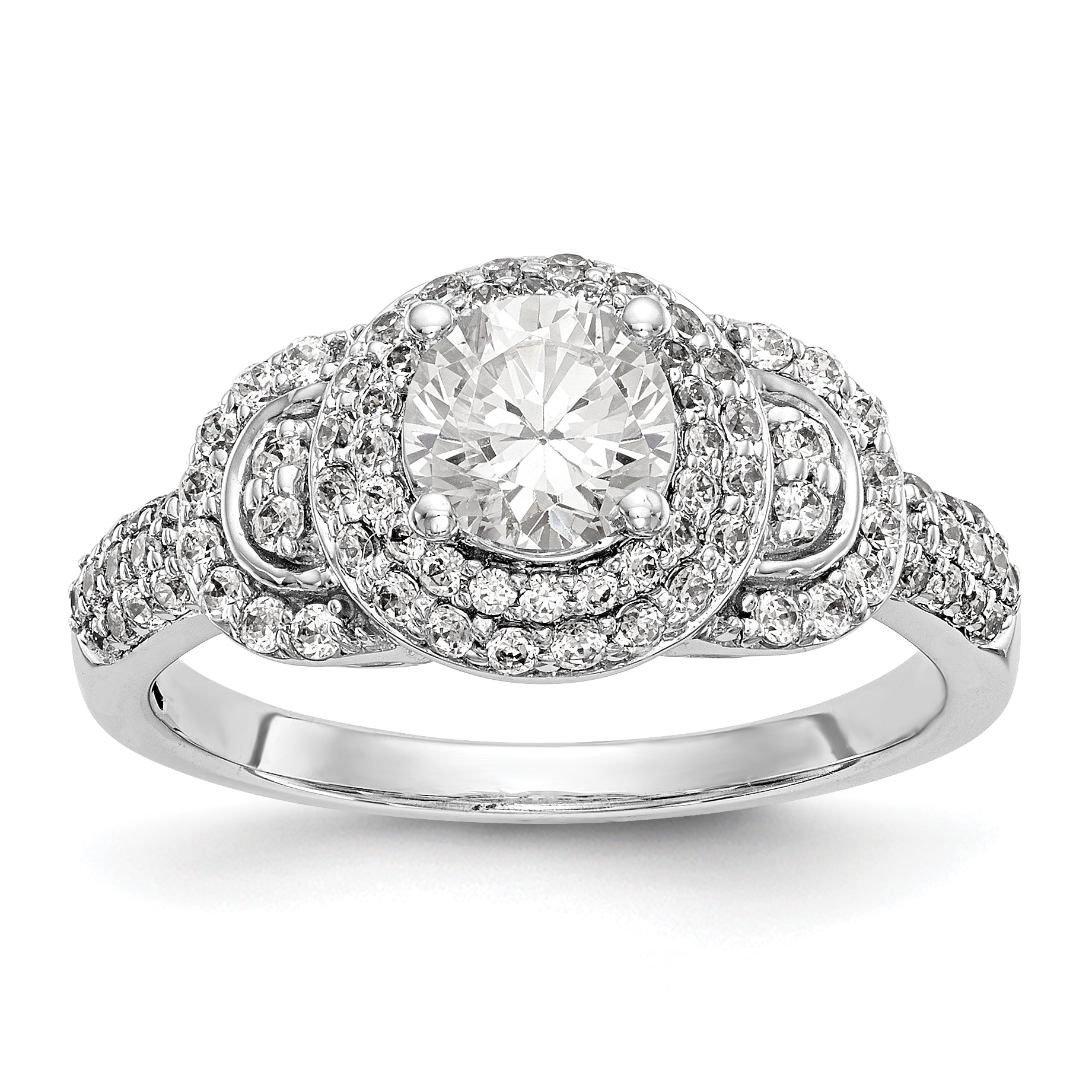 14K Weißgold Verlobungsring mit rundem simuliertem Diamanten und Halo