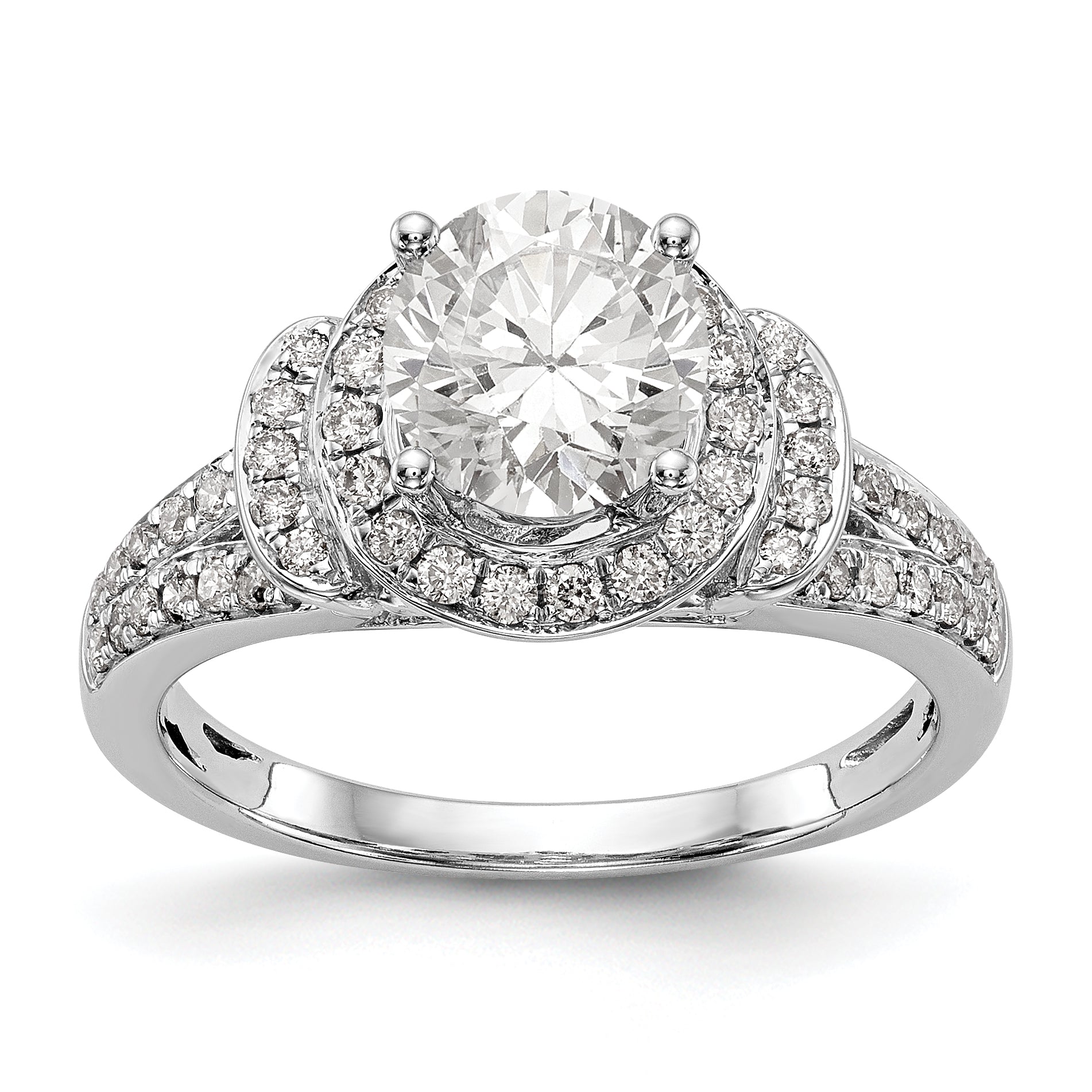 14K Weißgold Verlobungsring mit rundem simuliertem Diamanten und Halo-Fassung