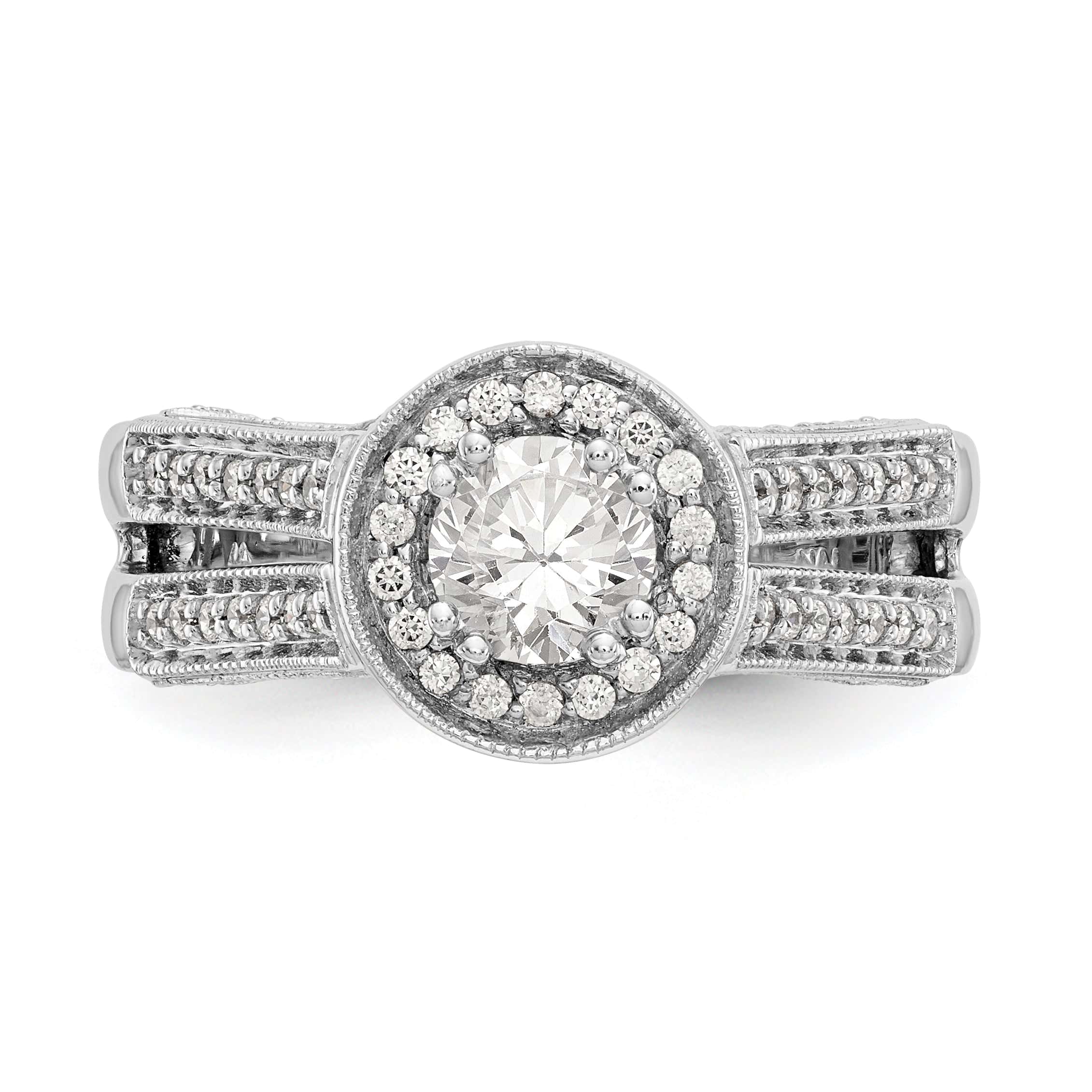 14K Weißgold Verlobungsring mit rundem simuliertem Diamanten und Halo-Fassung