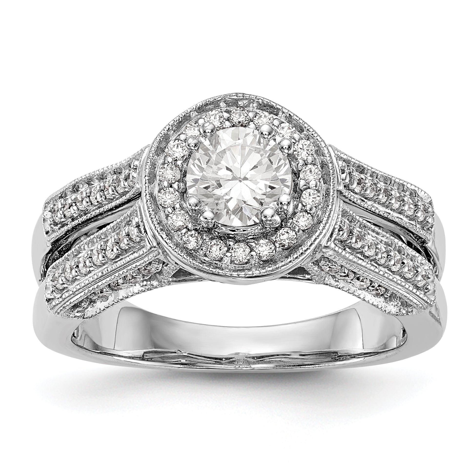 14K Weißgold Verlobungsring mit rundem simuliertem Diamanten und Halo-Fassung