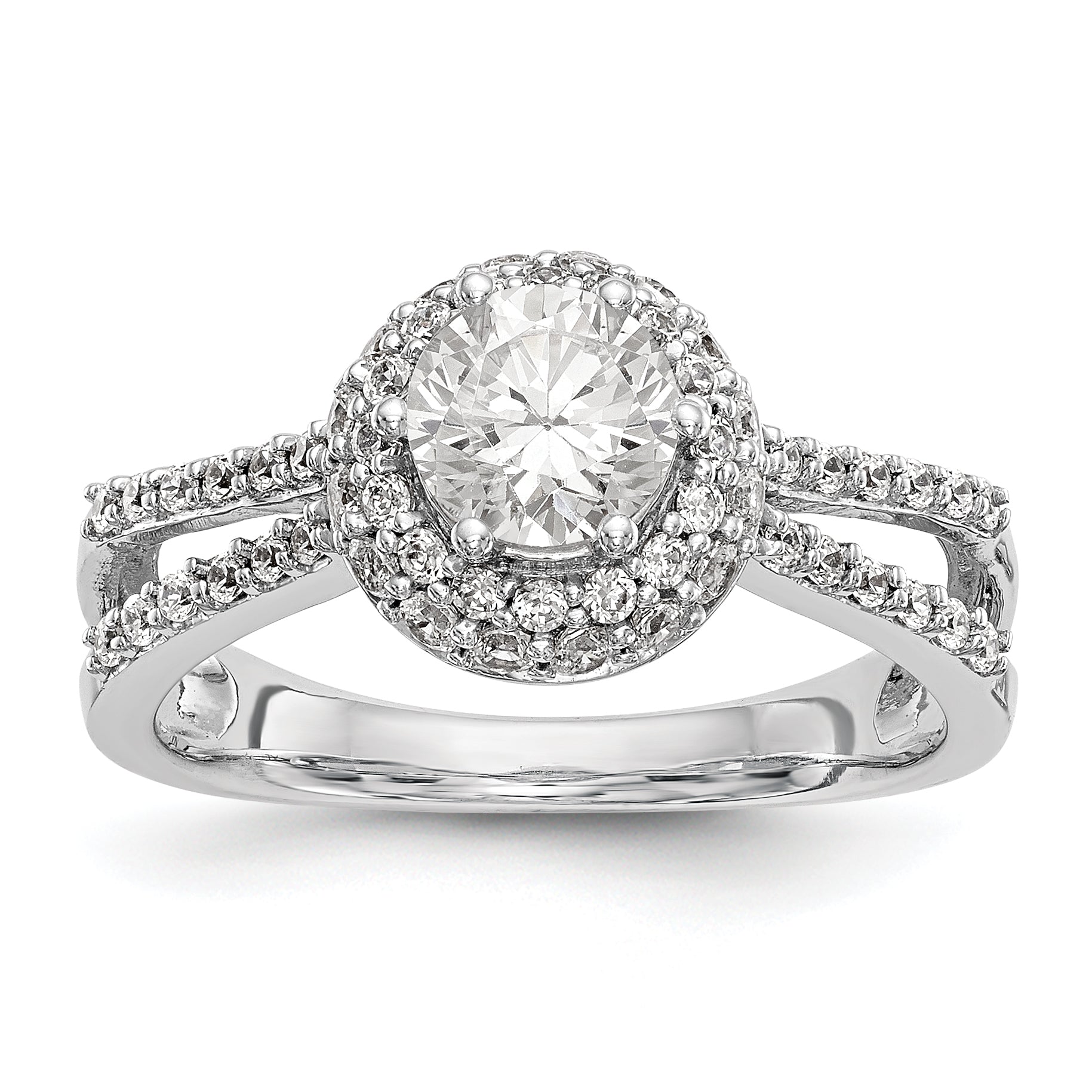 14K Weißgold Verlobungsring mit rundem simuliertem Diamanten und rundem Halo