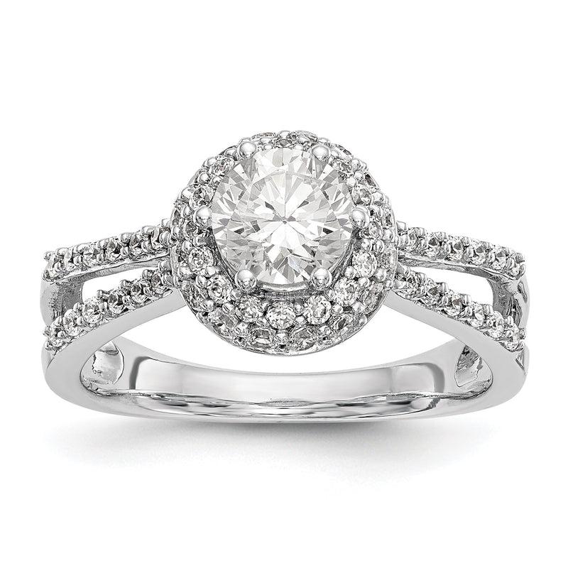 14K Weißgold Verlobungsring mit rundem simuliertem Diamanten und rundem Halo