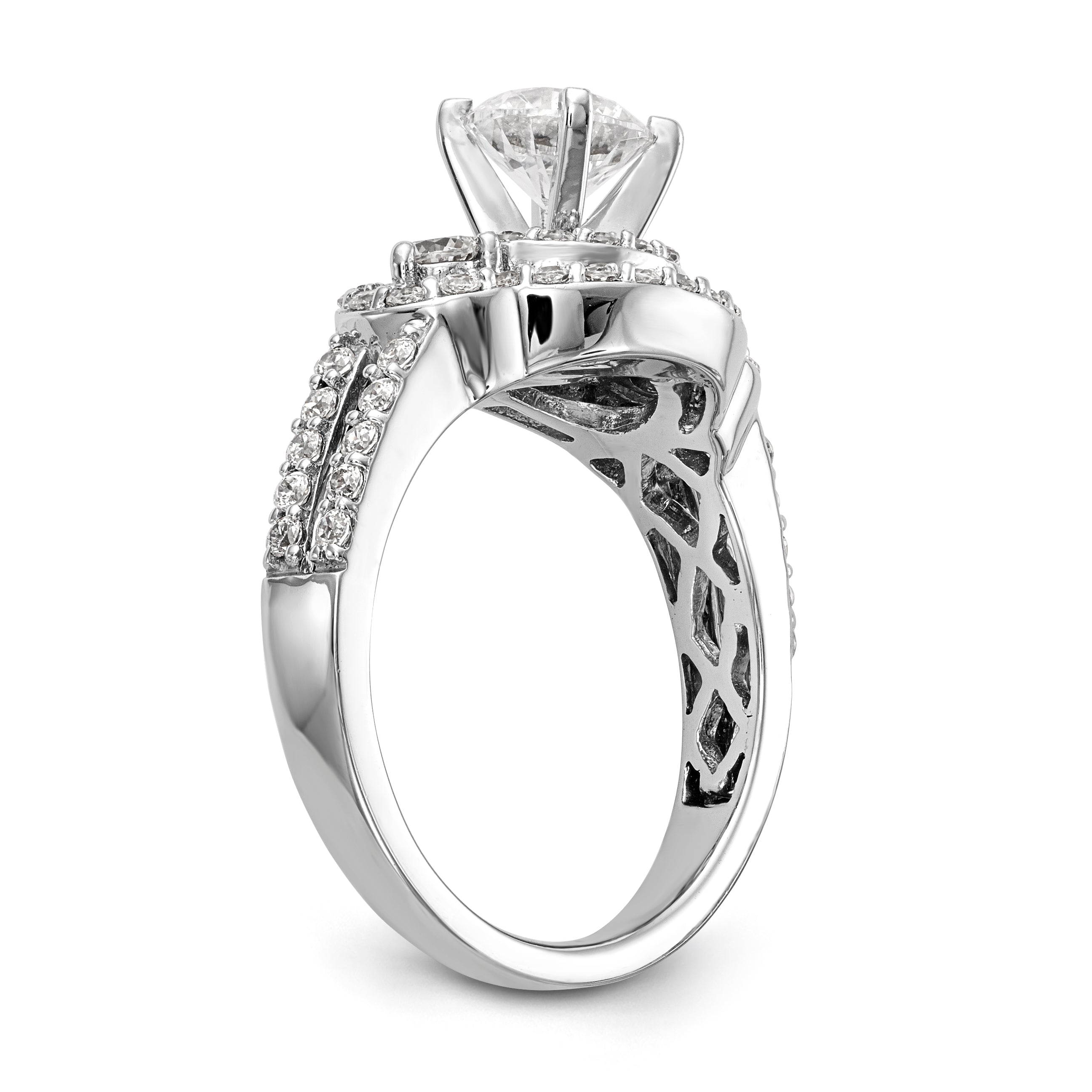 14 Karat Weißgold Verlobungsring mit Krappenfassung, Diamant im Rundschliff und Halo