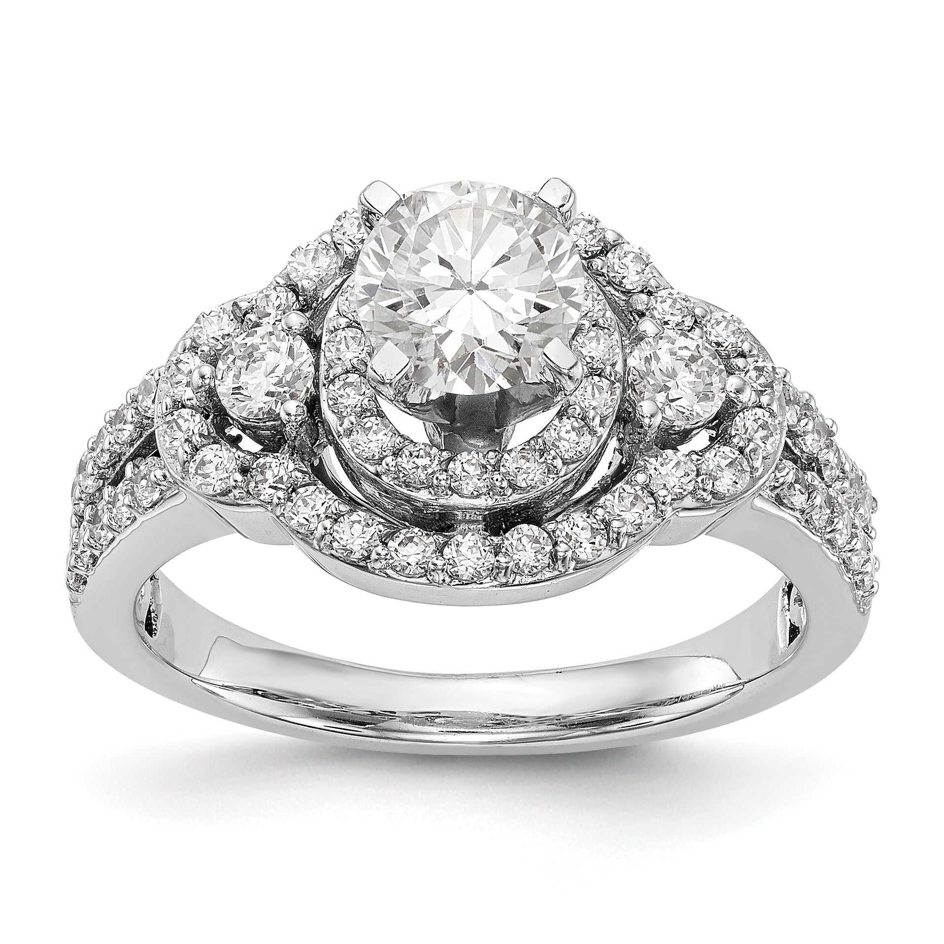 14 Karat Weißgold Verlobungsring mit Krappenfassung, Diamant im Rundschliff und Halo
