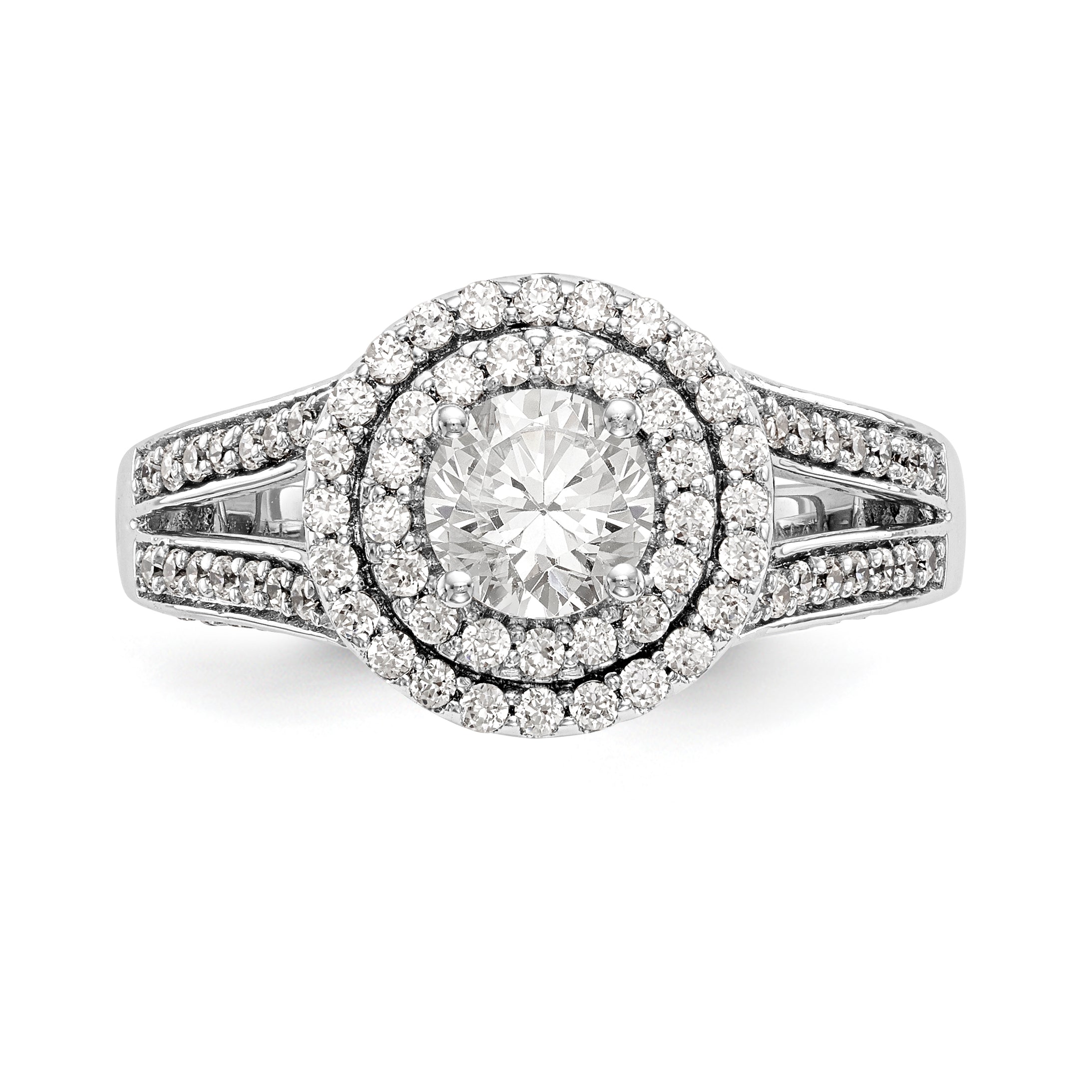 14K Weißgold Verlobungsring mit rundem simuliertem Diamanten und Halo