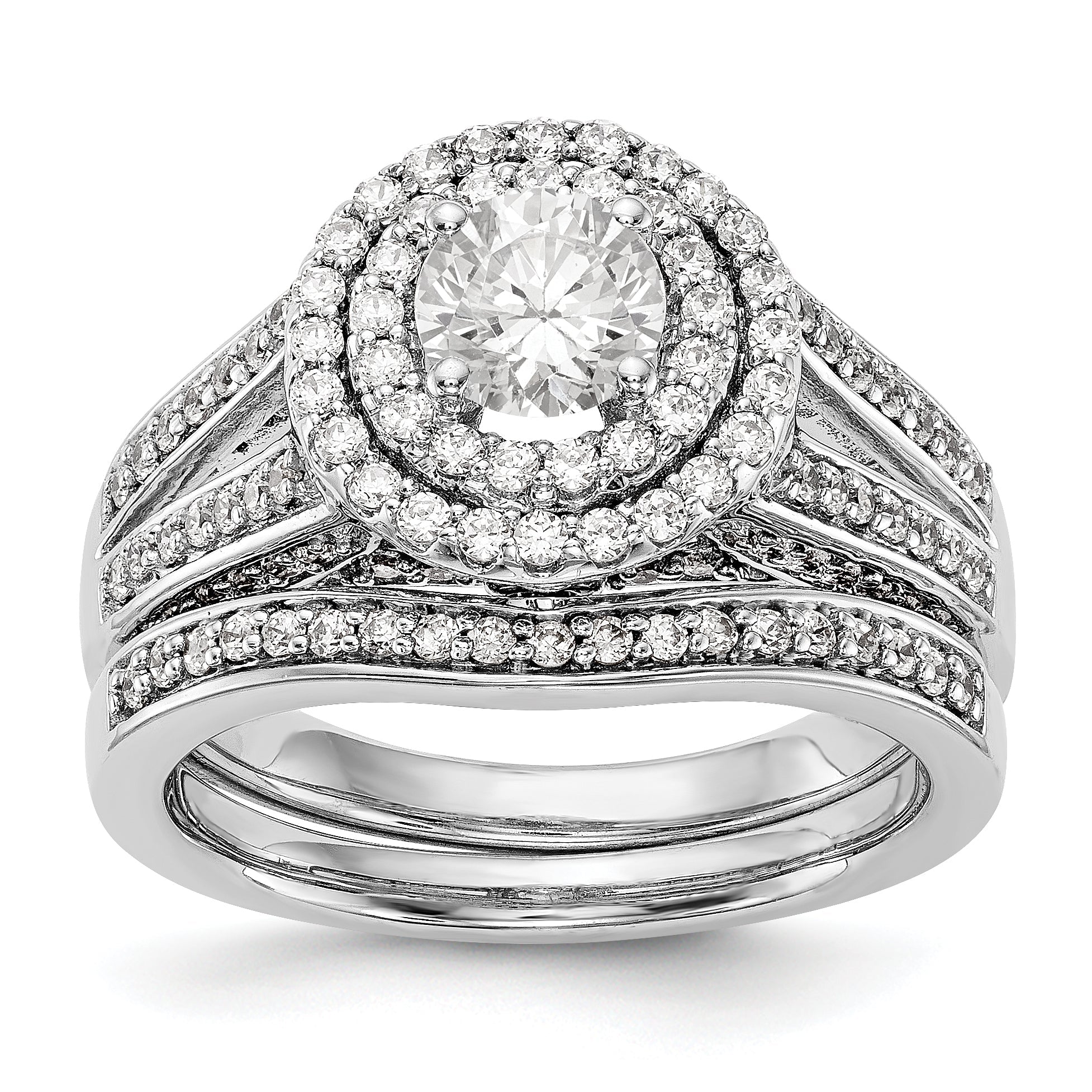 14K Weißgold Verlobungsring mit rundem simuliertem Diamanten und Halo