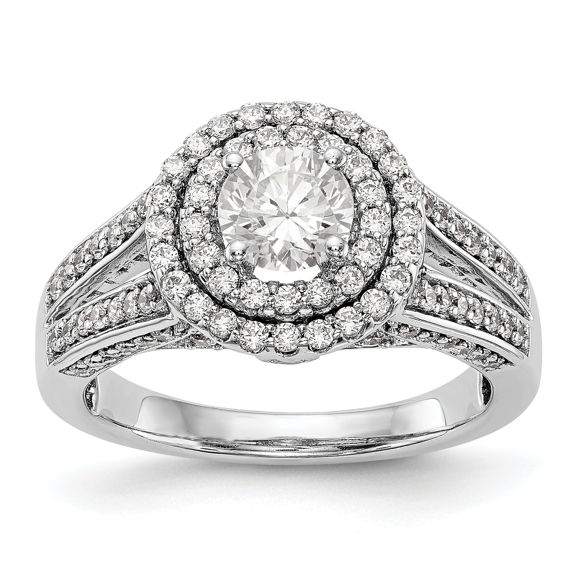 14K Weißgold Verlobungsring mit rundem simuliertem Diamanten und Halo