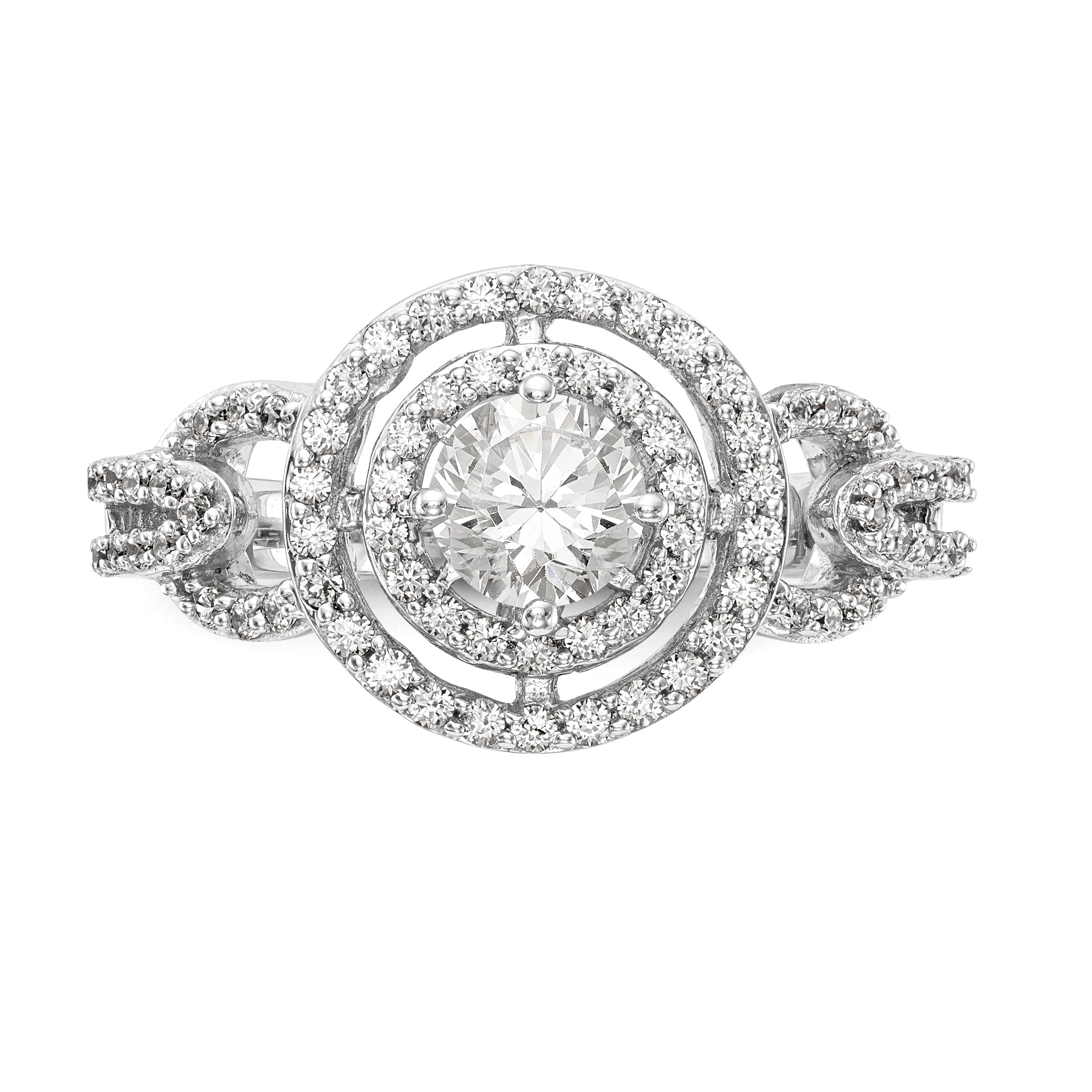Verlobungsring aus 14K Weißgold mit rundem simuliertem Diamanten und Halo